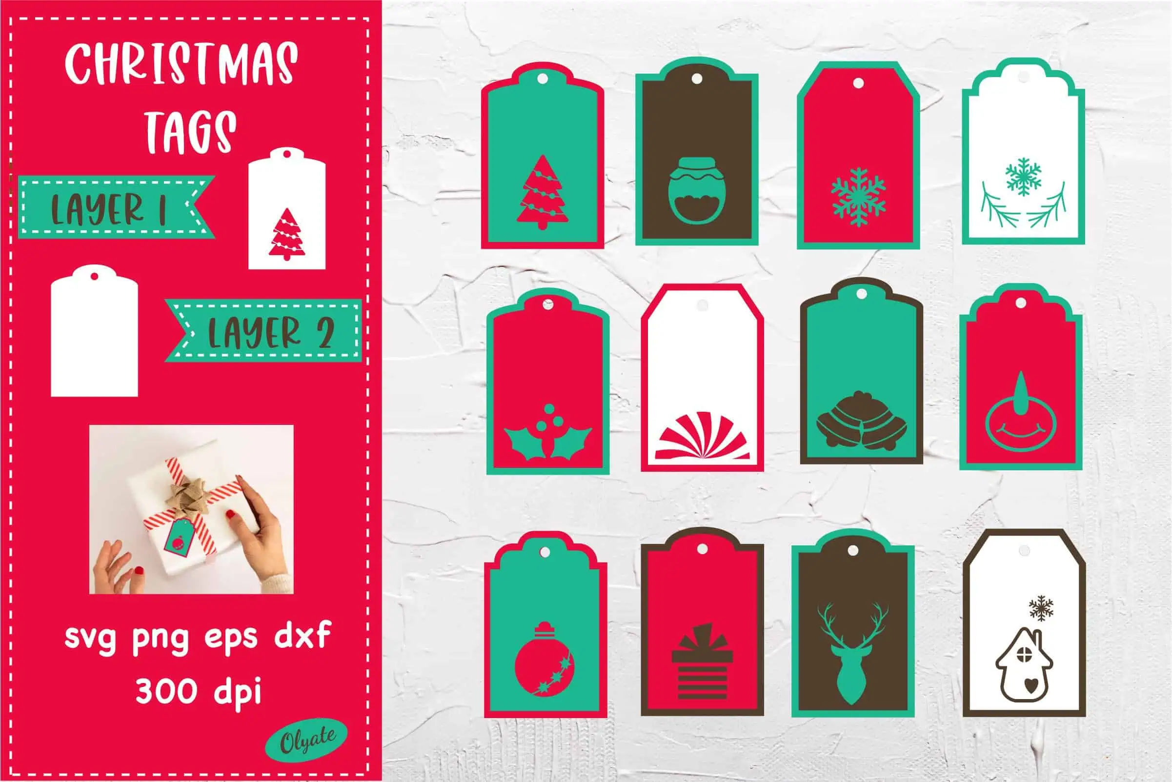 red, green and white layered Christmas gift tags with trees, gifts and a reindeer