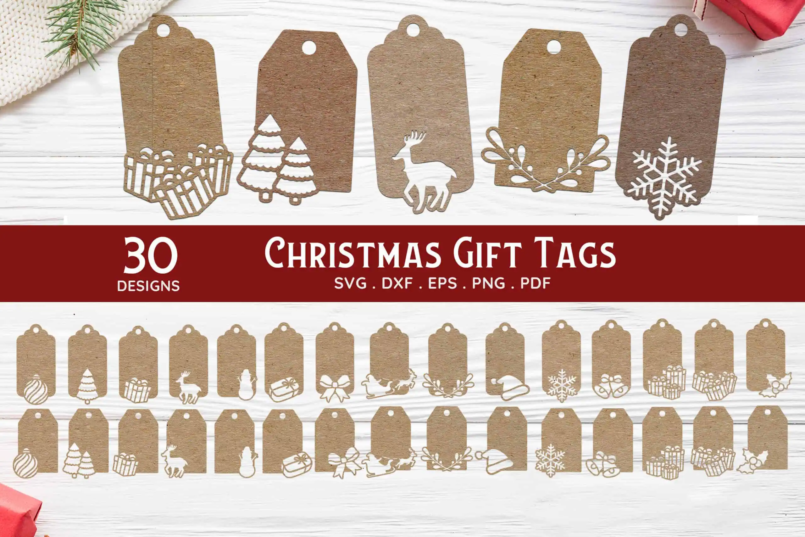 thirty kraft paper Christmas gift tags with cutout trees, reindeer, gifts and snowflakes