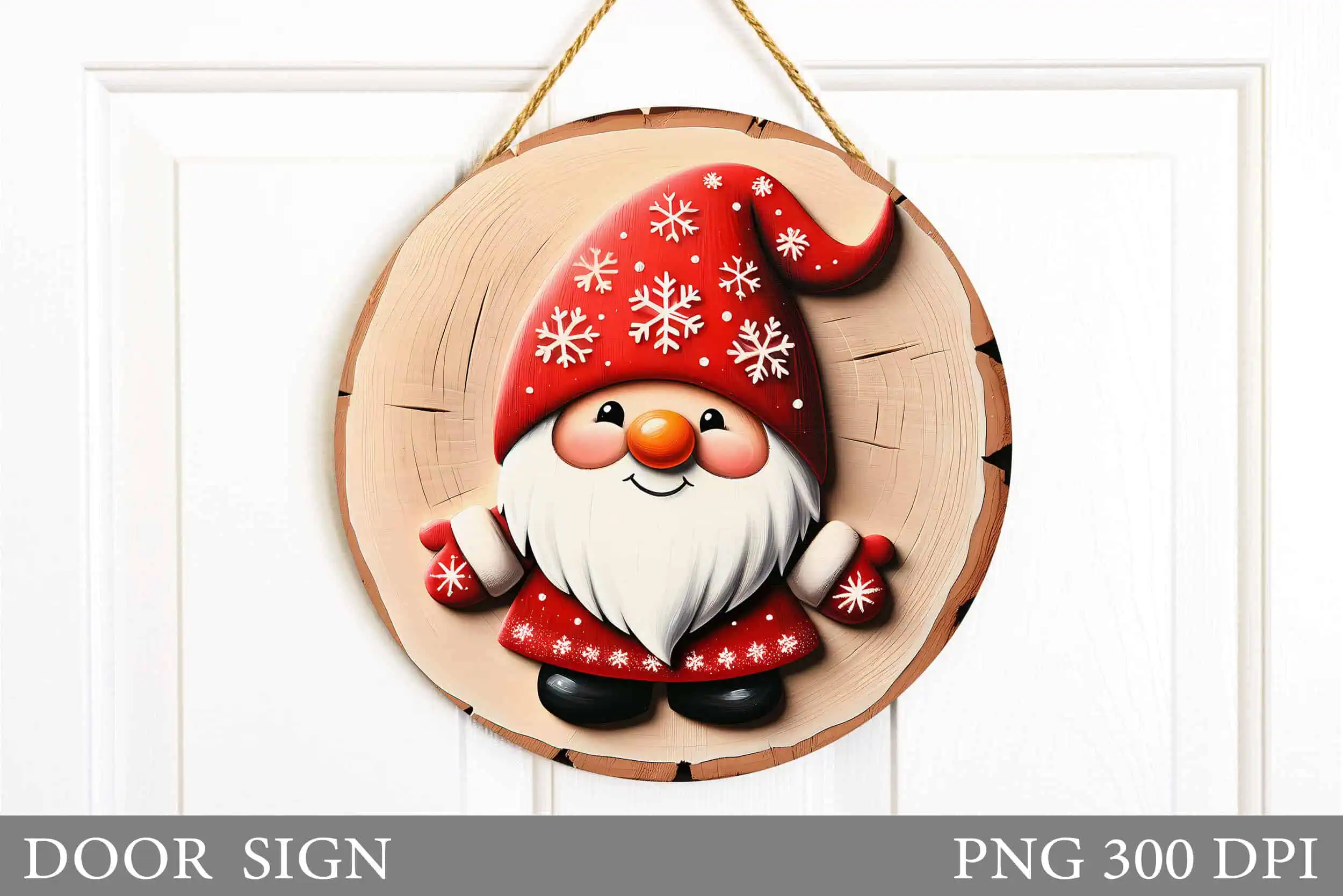 round wood door sign with a cute Christmas gnome in a red snowflake hat, hanging on a white door