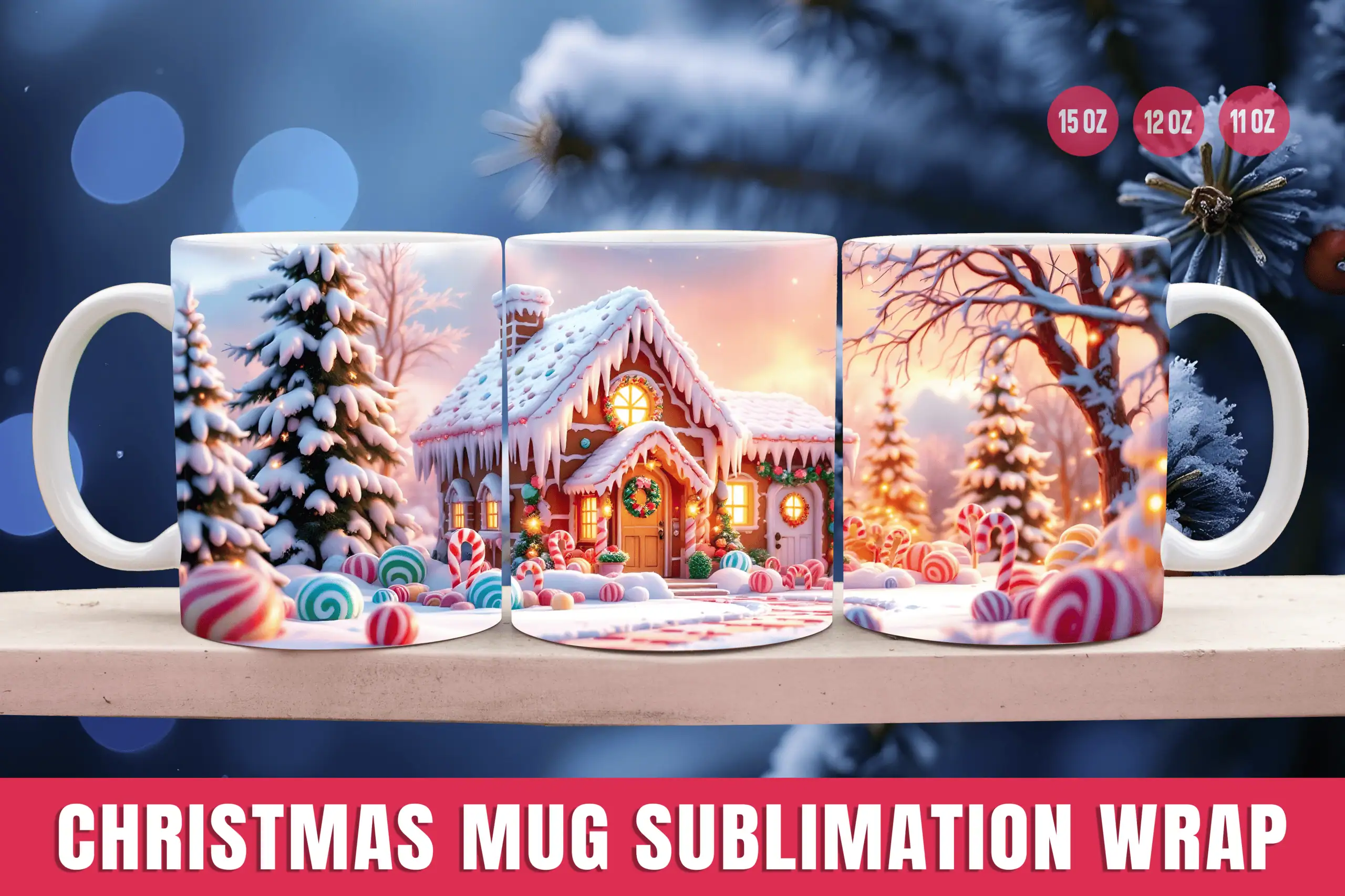 white mug with a full wrap of a snowy village with glowing houses, frosted trees and a pink sunset sky