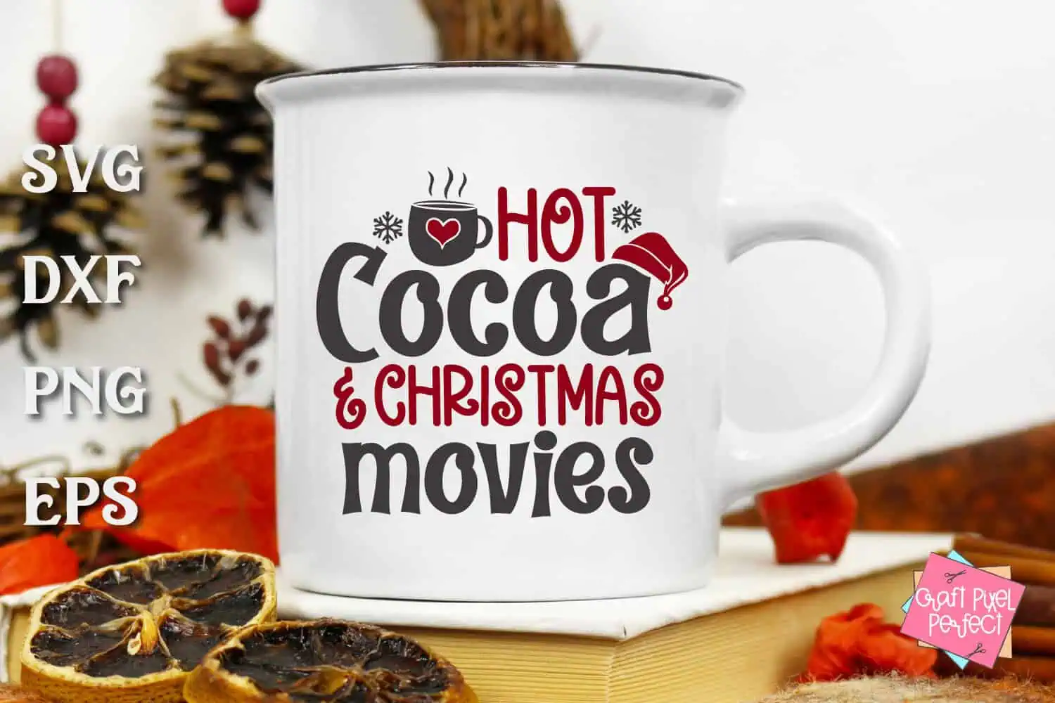 white enamel camp mug that says Hot Cocoa and Christmas Movies