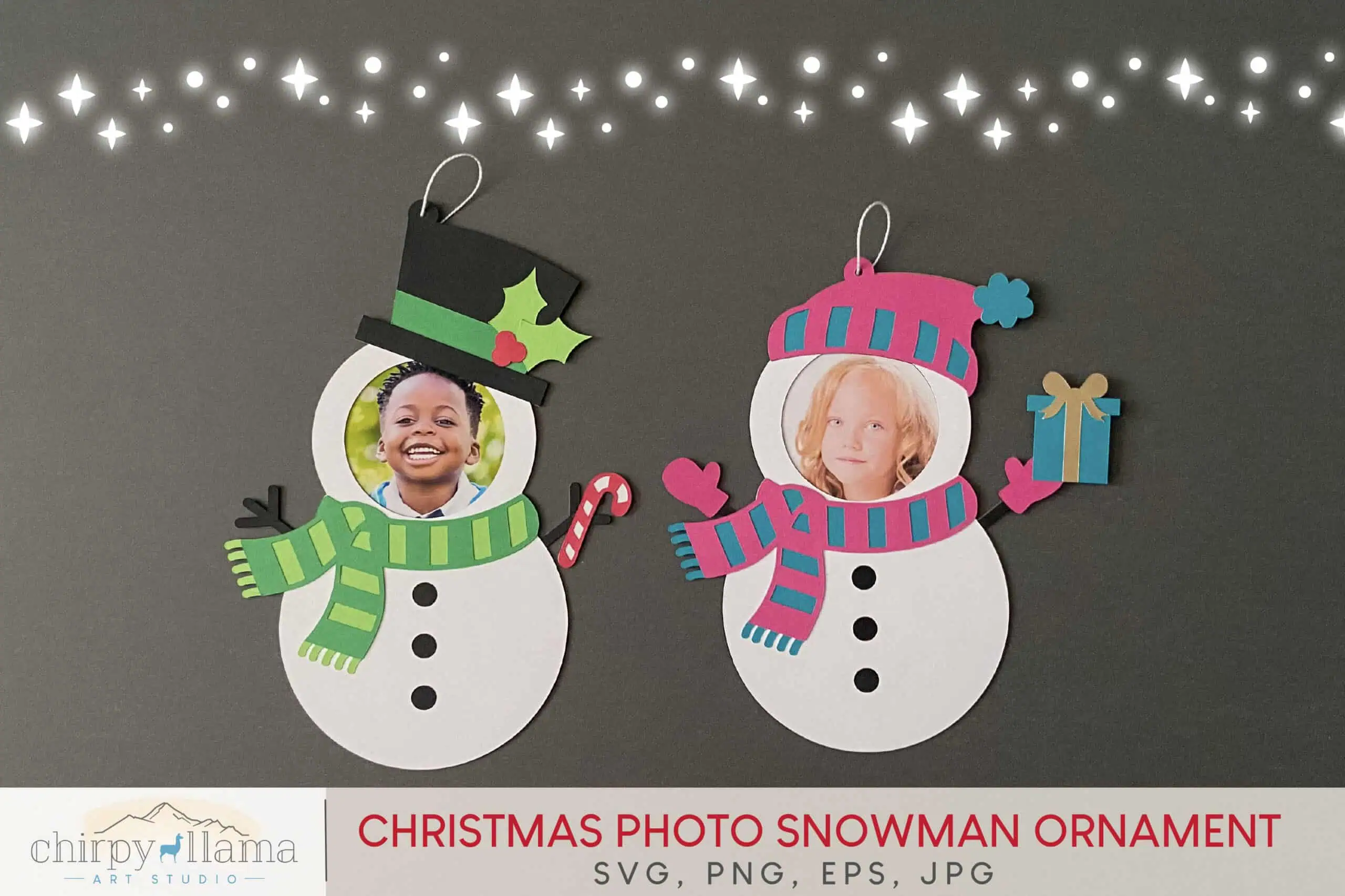 two paper snowman ornaments with children's photos as the faces