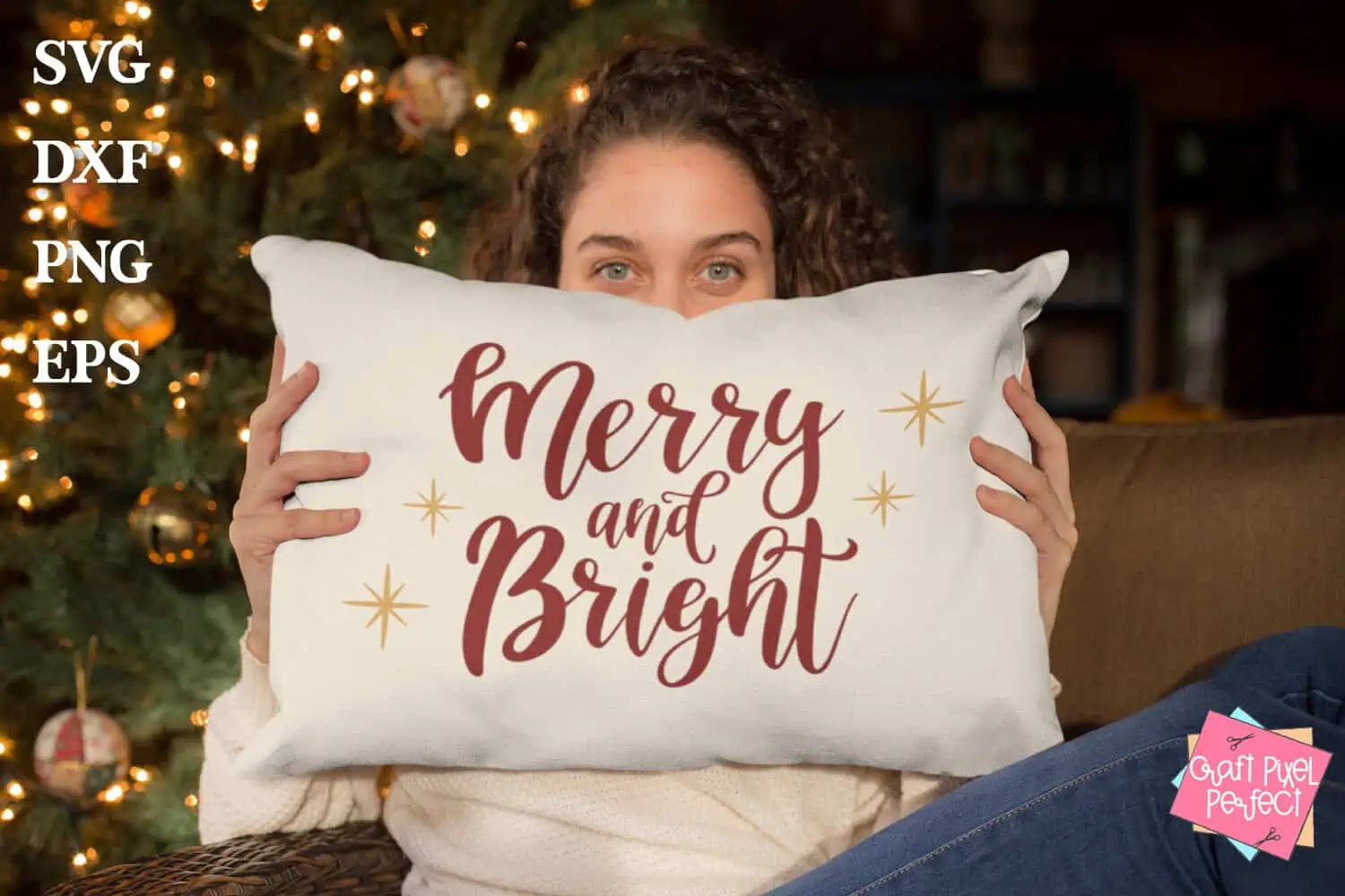cream lumbar pillow with Merry and Bright in a red script font