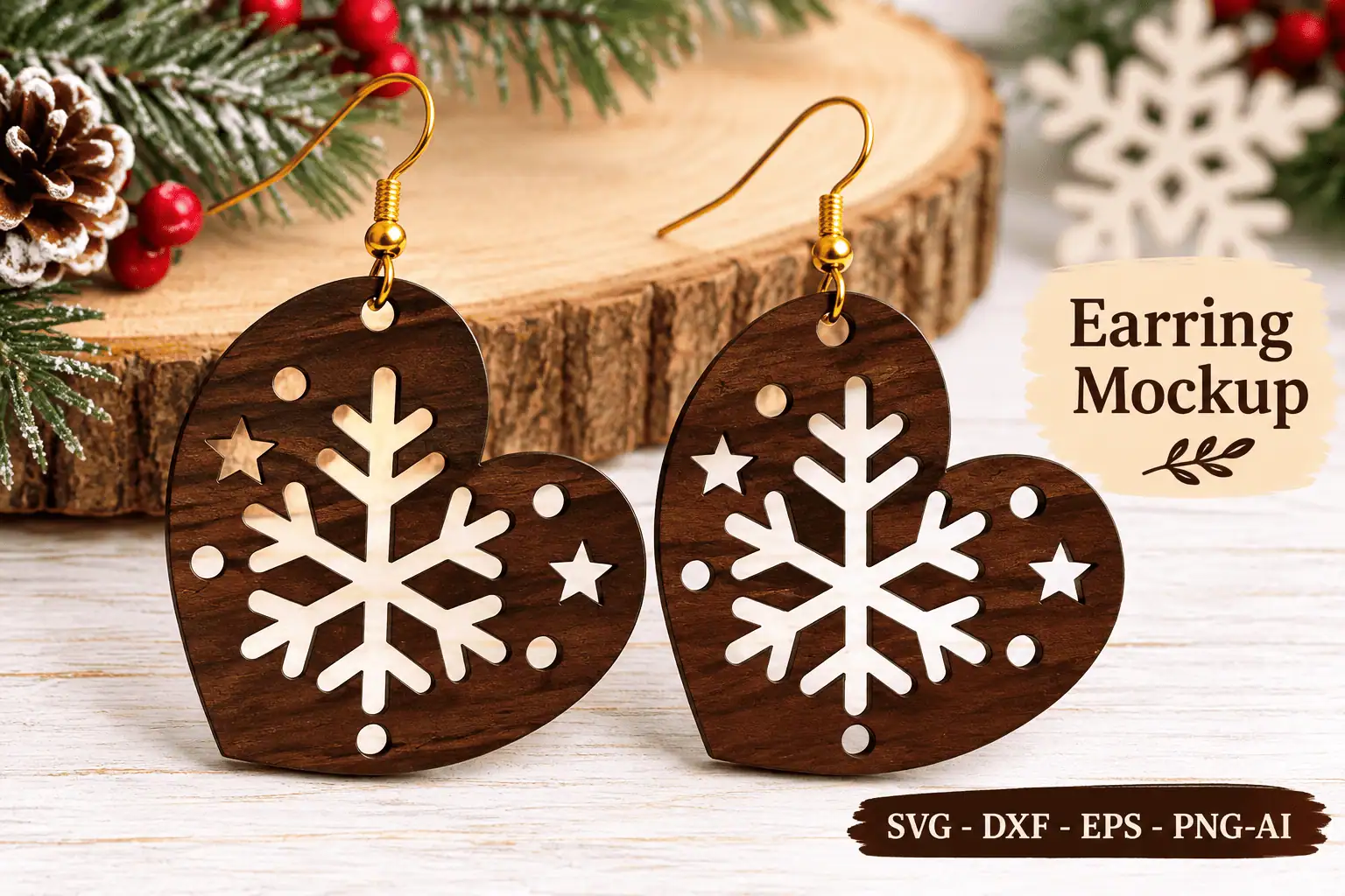 brown heart shaped earrings with a white snowflake cut out