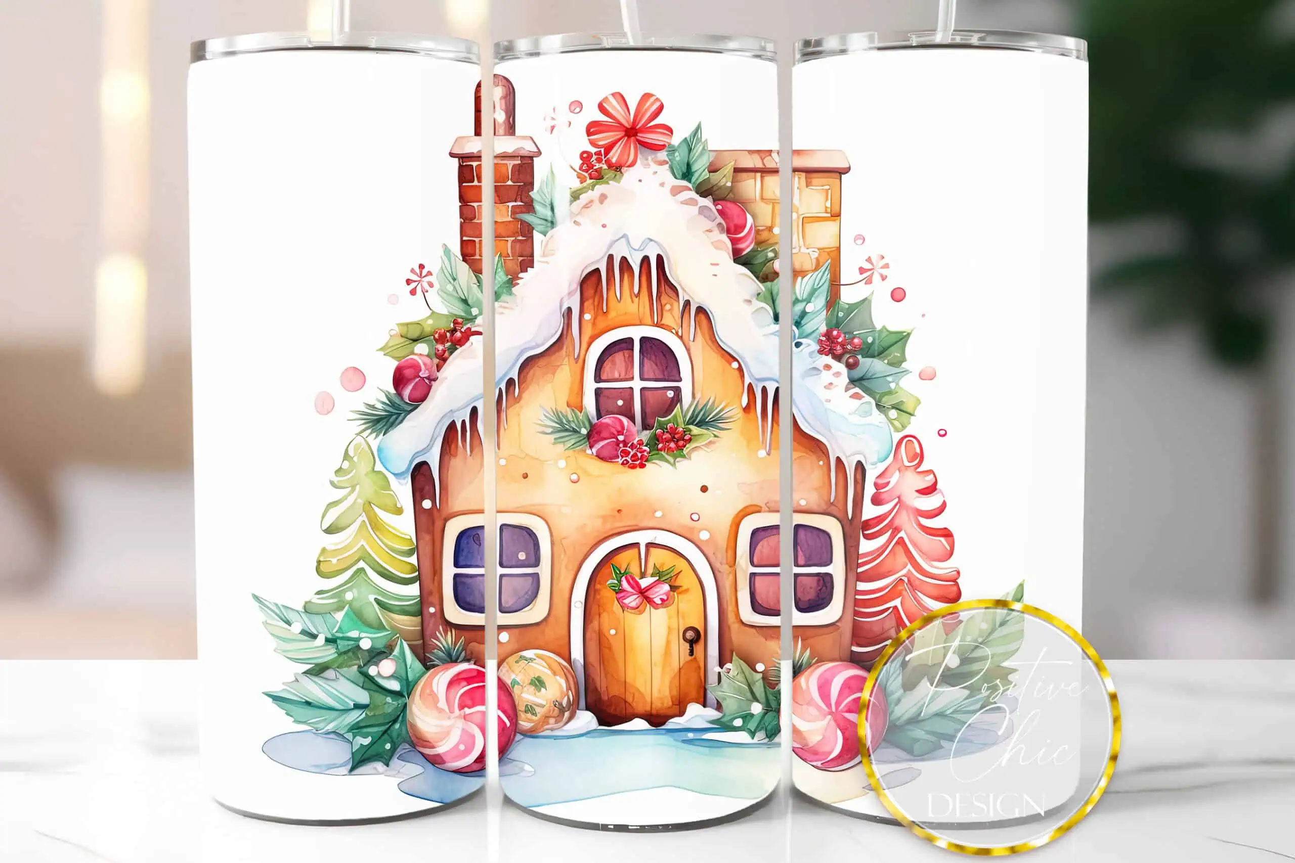 white skinny tumbler with a watercolor gingerbread house covered in candy and snow, with colorful trees