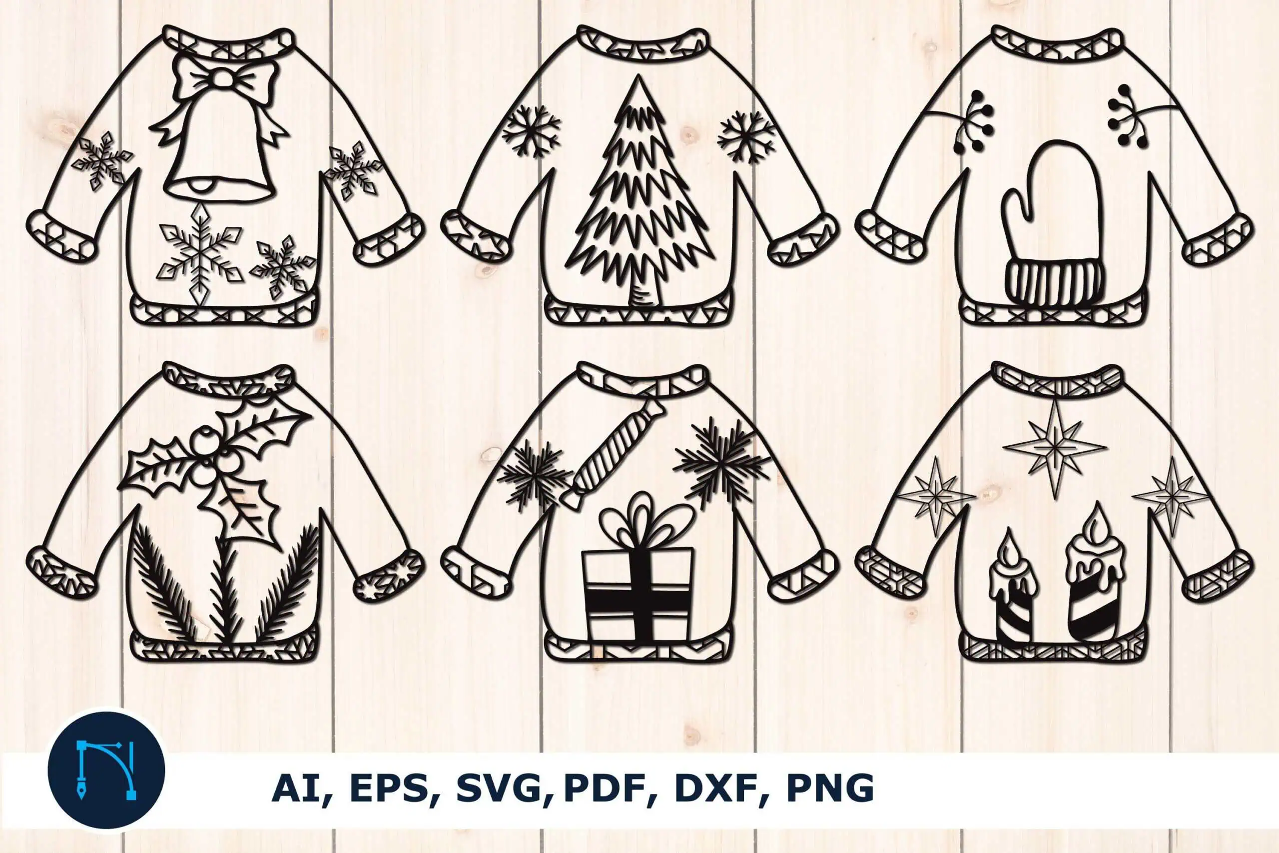 six outline ugly sweater ornaments with a bell, a tree, mittens, holly, a gift and candles