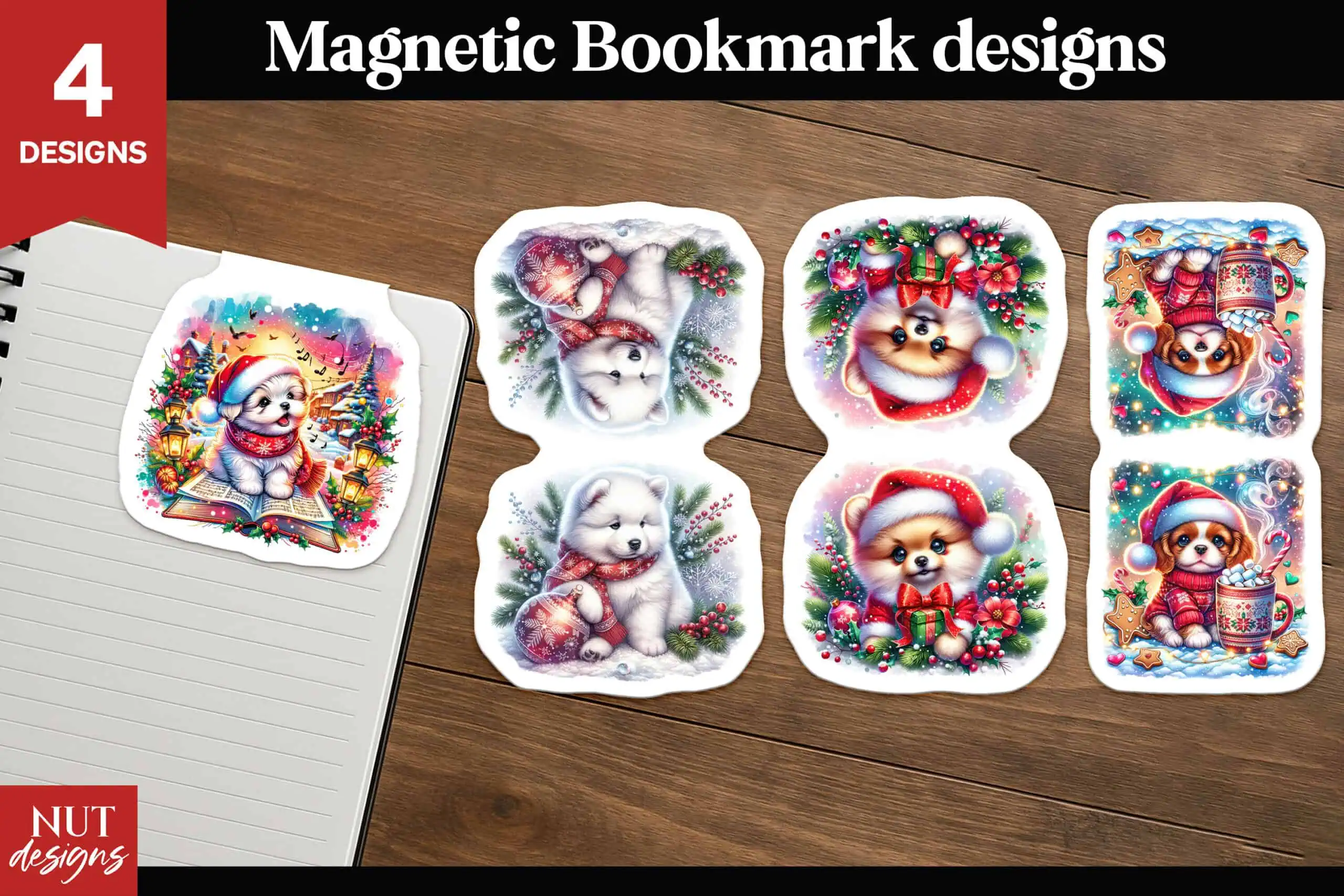 four Christmas puppy magnetic bookmark designs with dogs in Santa hats and scarves