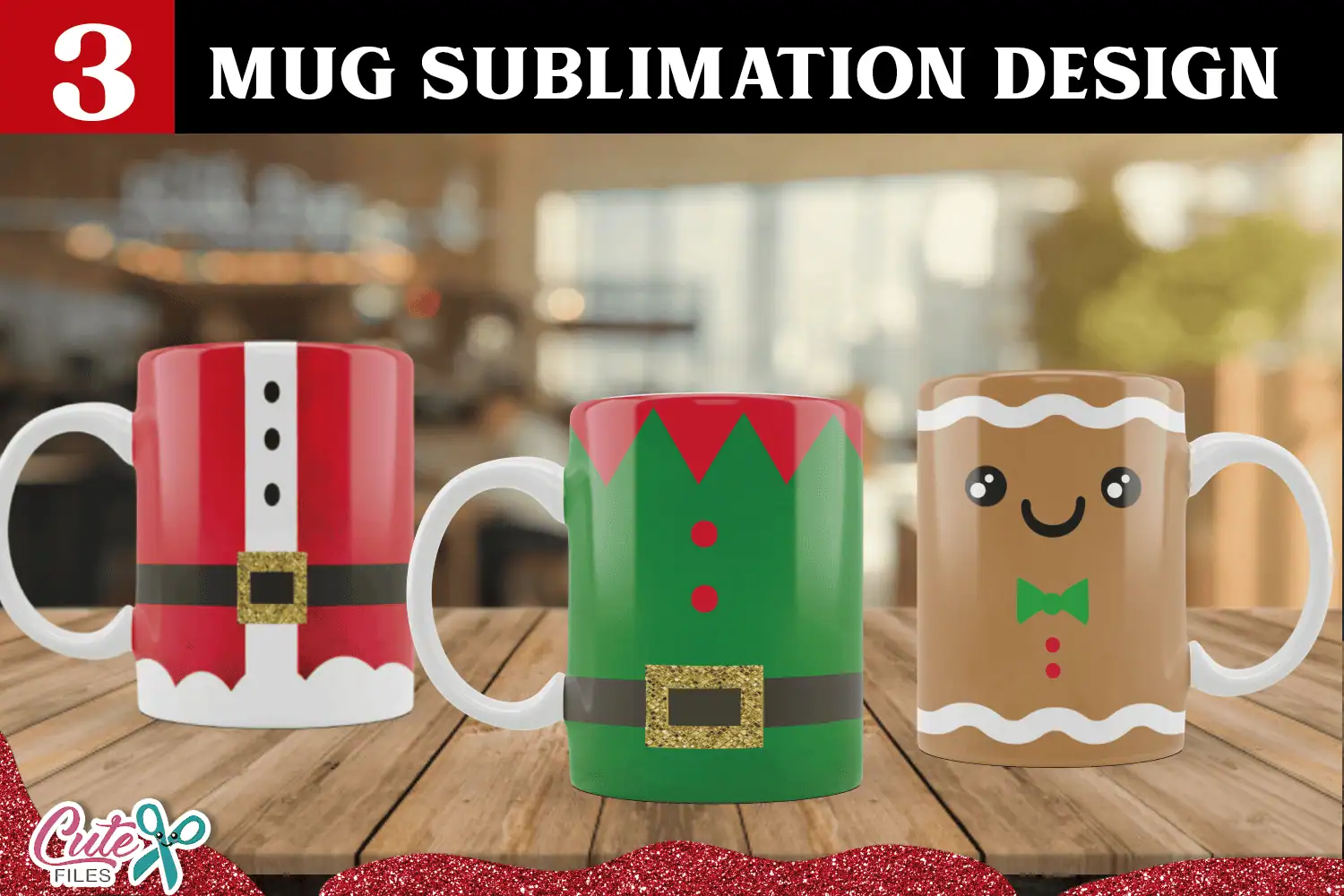 three mugs designed like Santa's red suit, an elf's green suit with a gold buckle, and a smiling gingerbread man