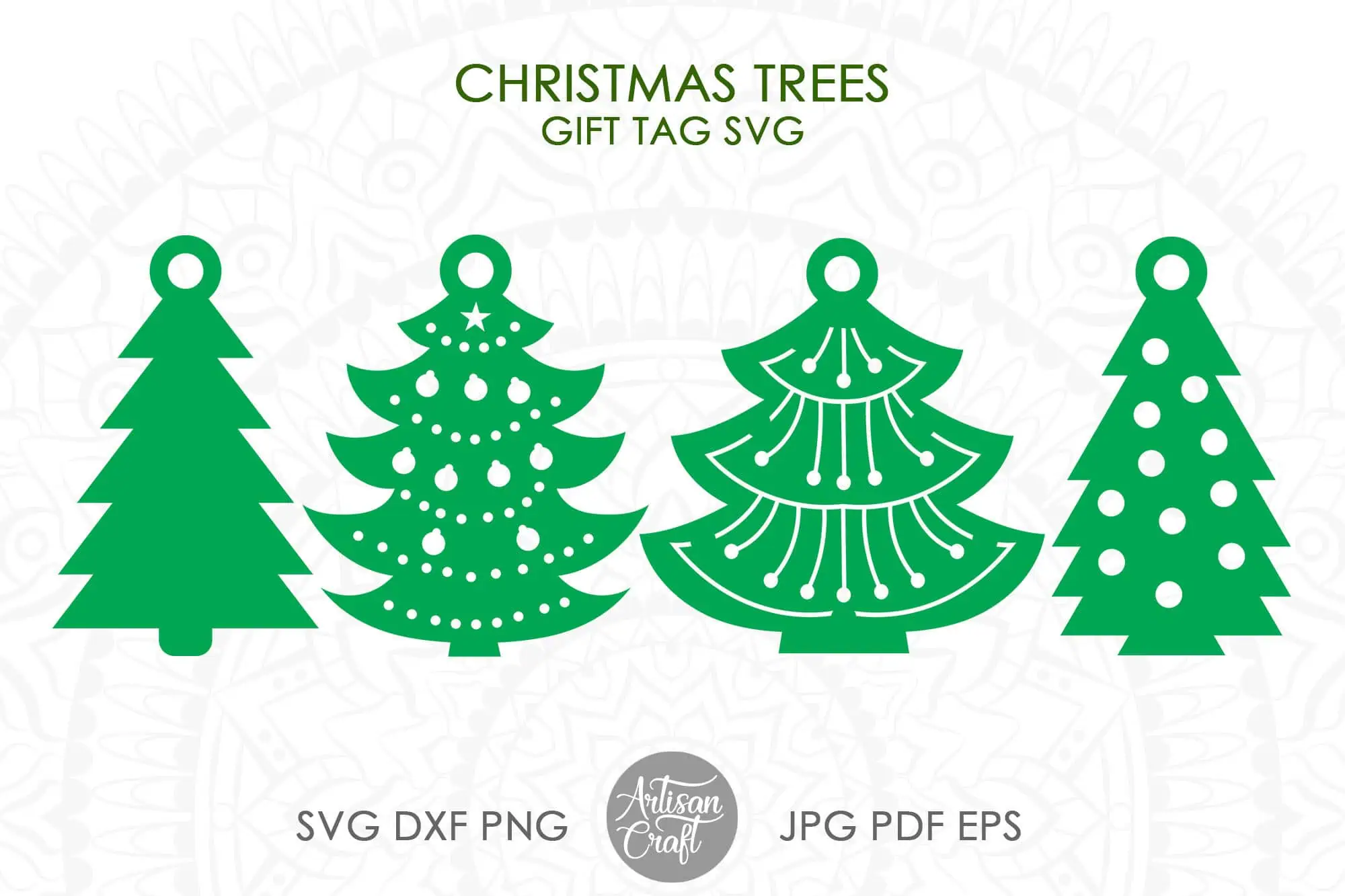 four green Christmas tree shaped gift tags with cutout stars and patterns
