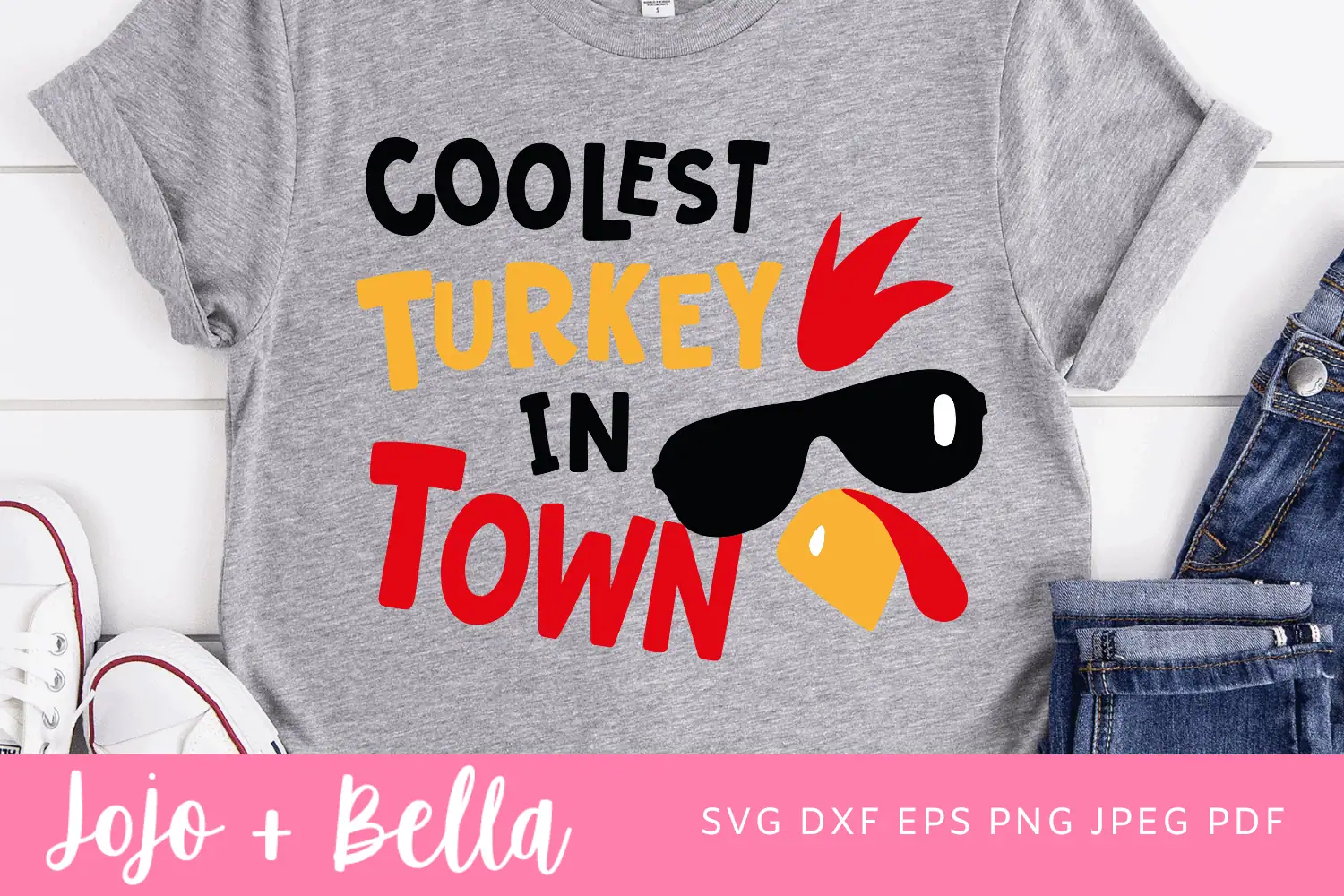 grey kids t-shirt with a turkey in sunglasses and the words Coolest Turkey in Town