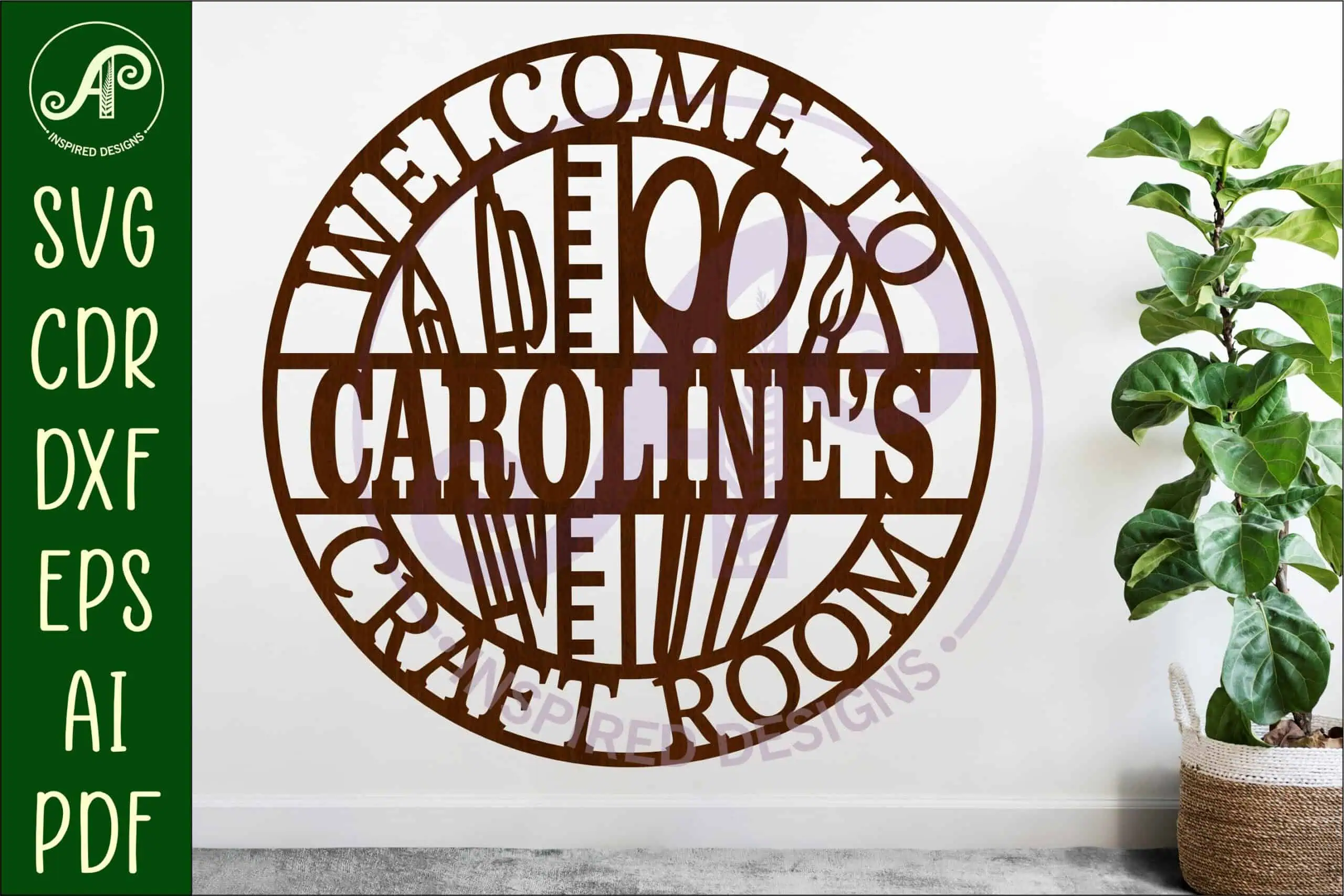 round brown wood sign that says welcome to Caroline's craft room with sewing and craft tools