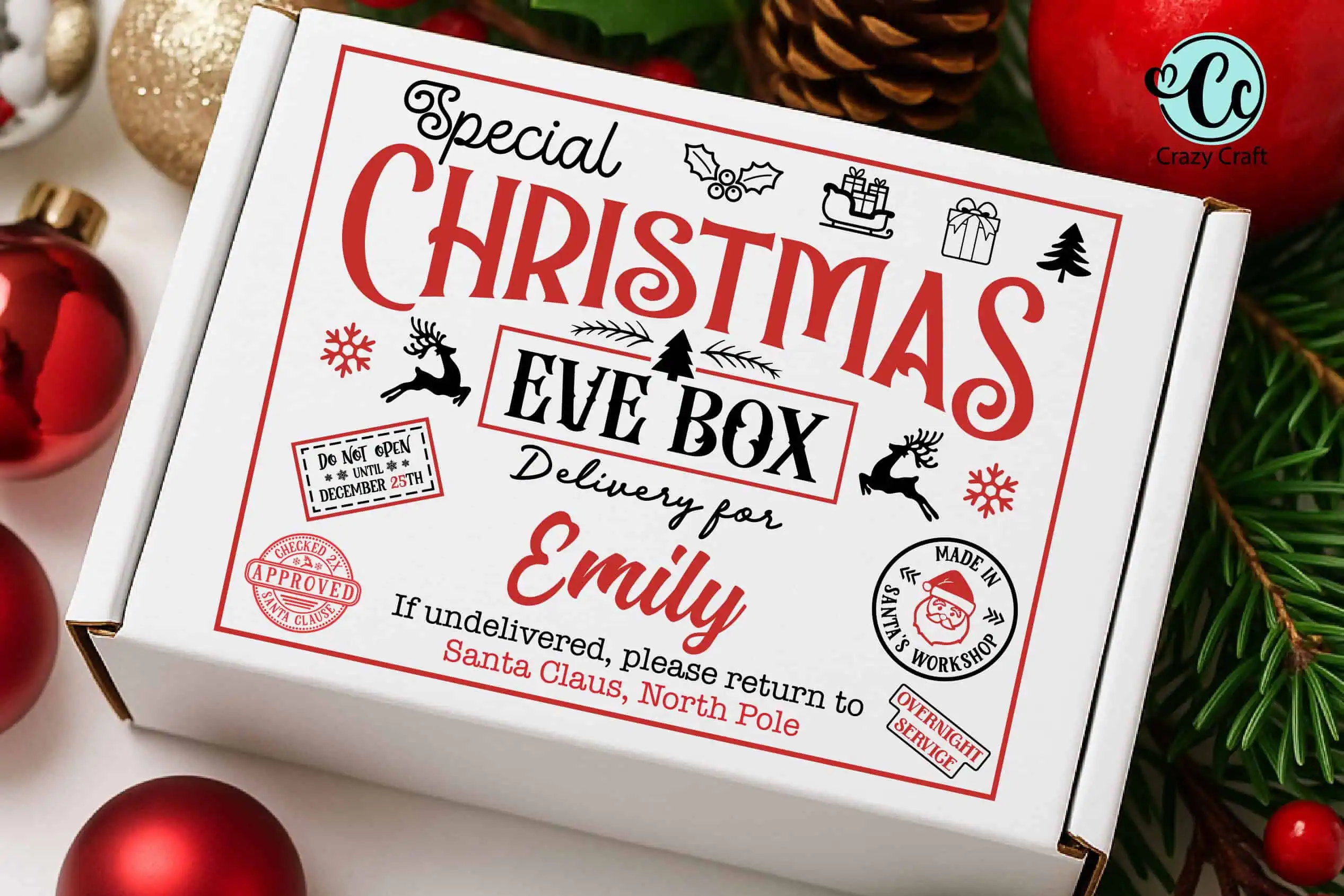 white box with a Special Christmas Eve Box delivery for Emily label