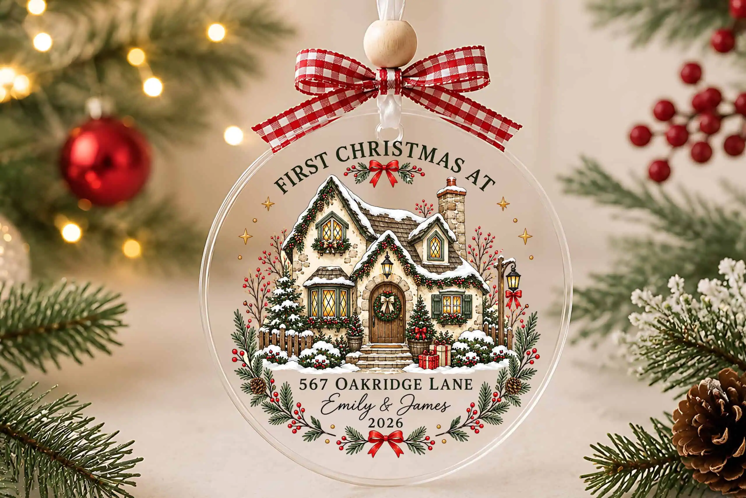 clear round ornament with a red gingham bow and a snowy cottage, a wreath border and space for an address, names and the year