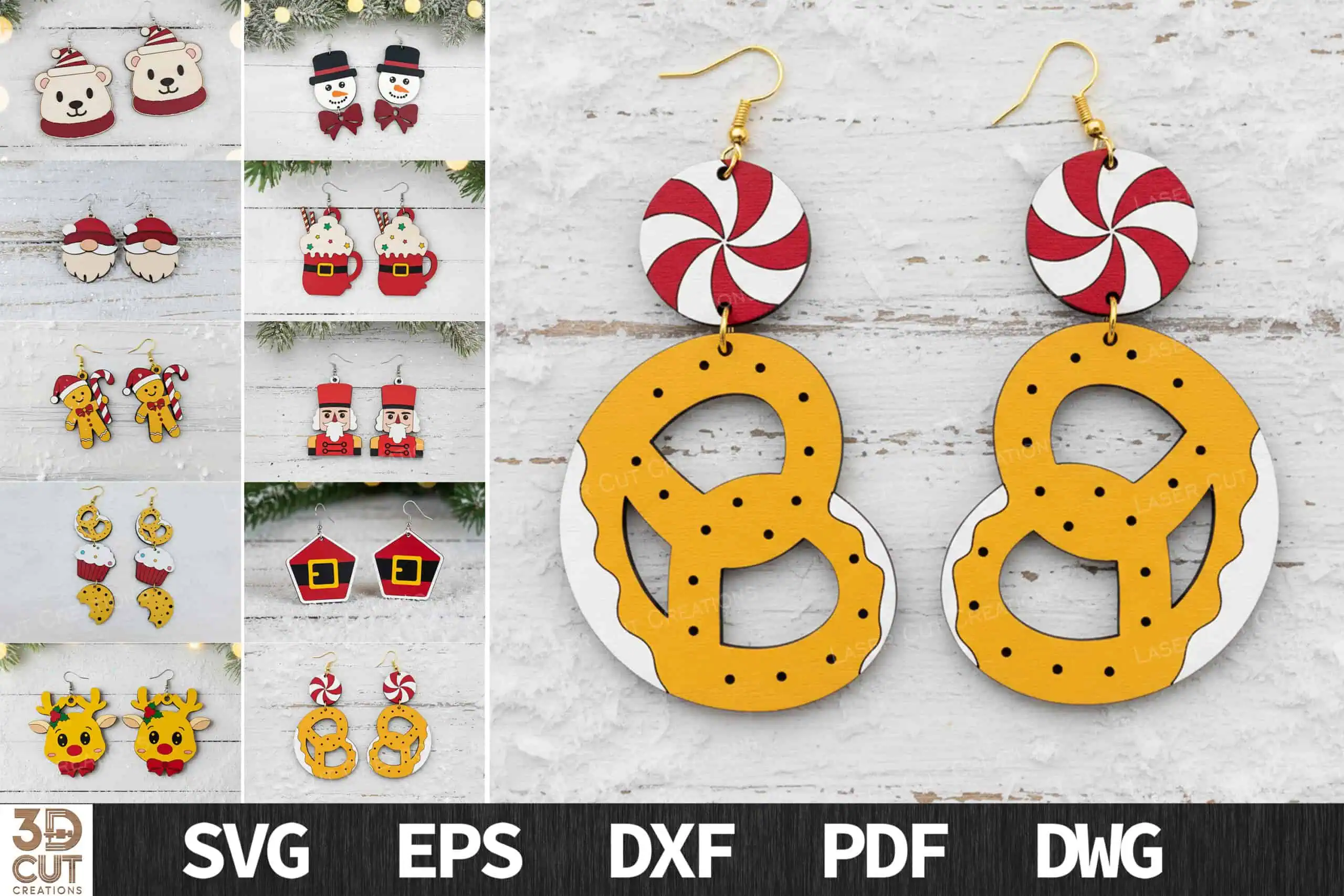 layered Christmas earrings shaped like pretzels and peppermint candies