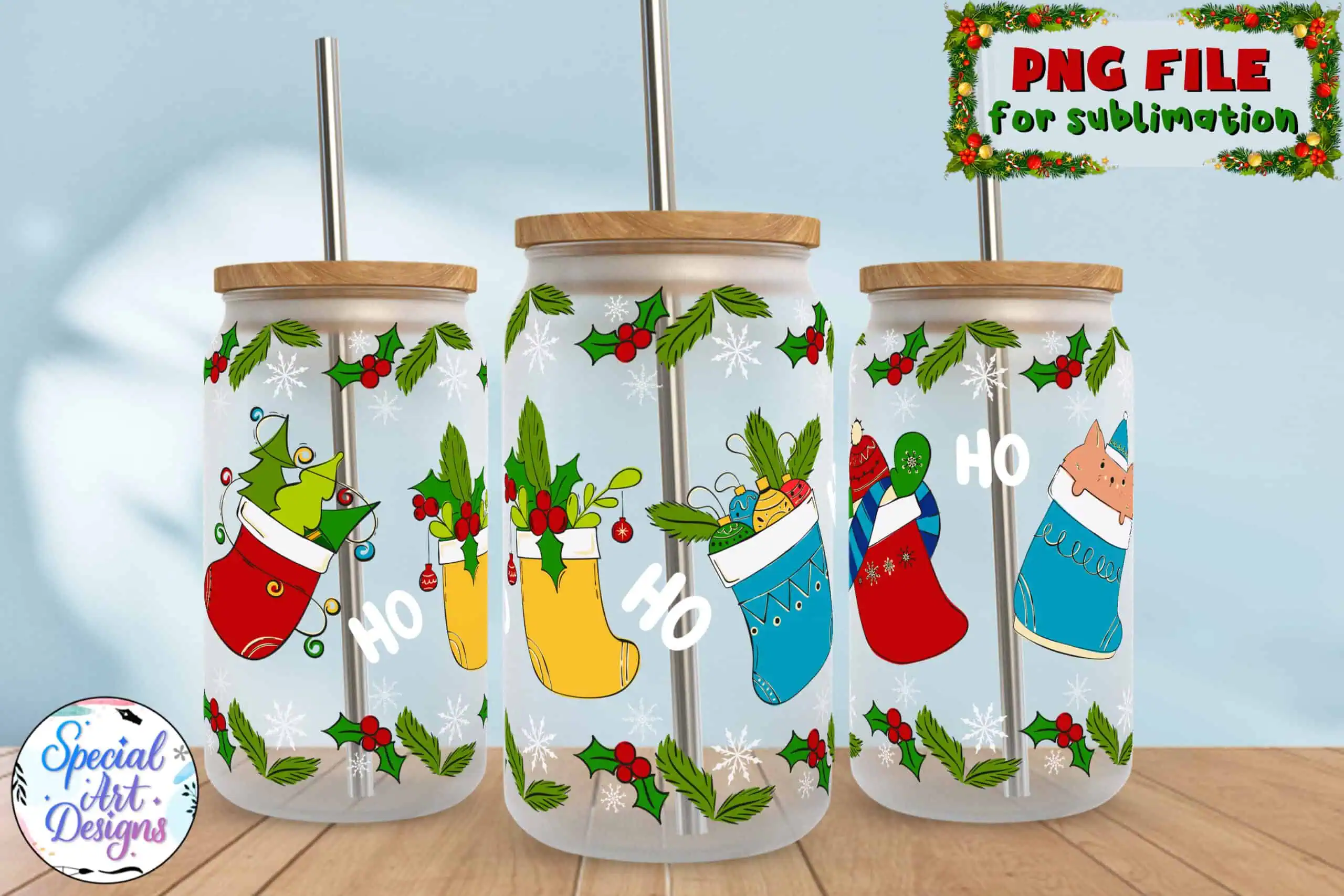 frosted glass cans with bamboo lids and a wrap of colorful Christmas stockings, holly and the words ho ho ho