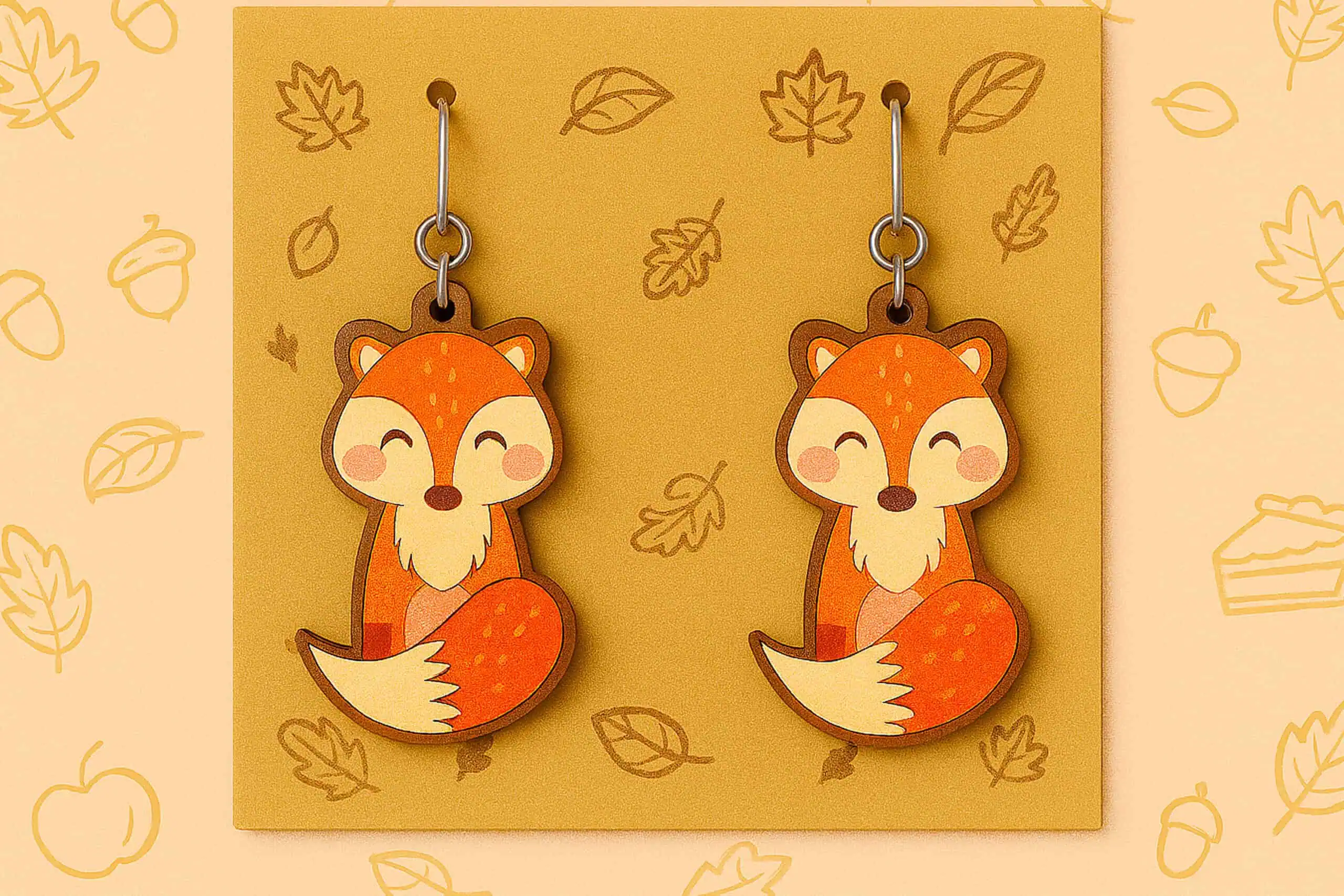 smiling orange fox earrings with white cheeks and tails on a yellow card
