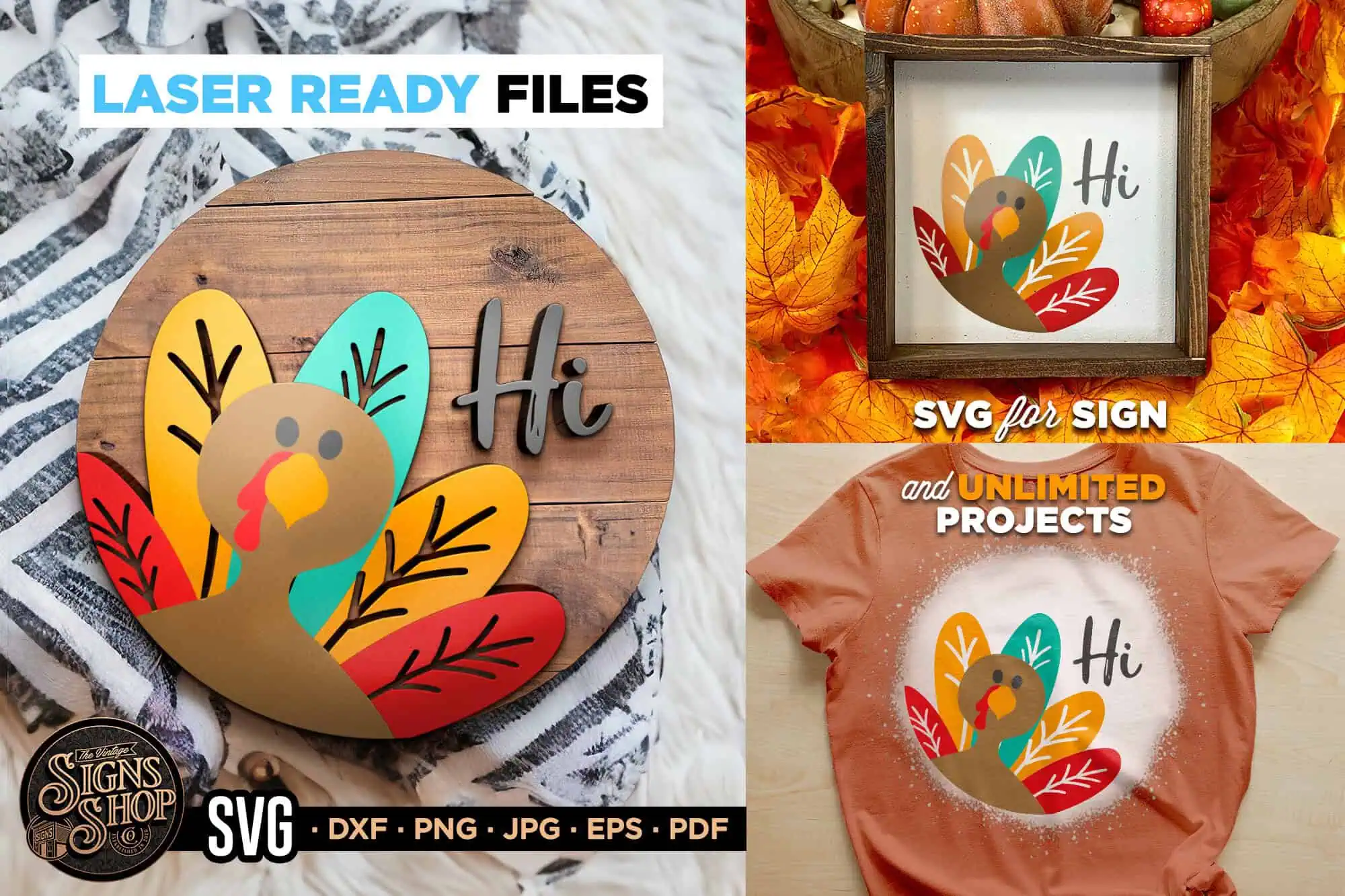round wooden door sign shaped like a turkey with colorful feathers