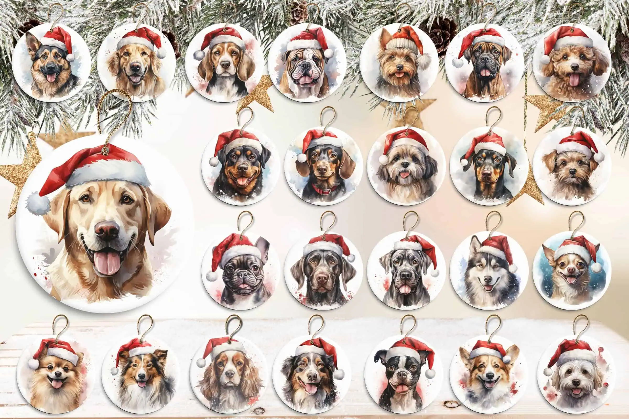 set of round ornaments with watercolor dogs of different breeds wearing red Santa hats