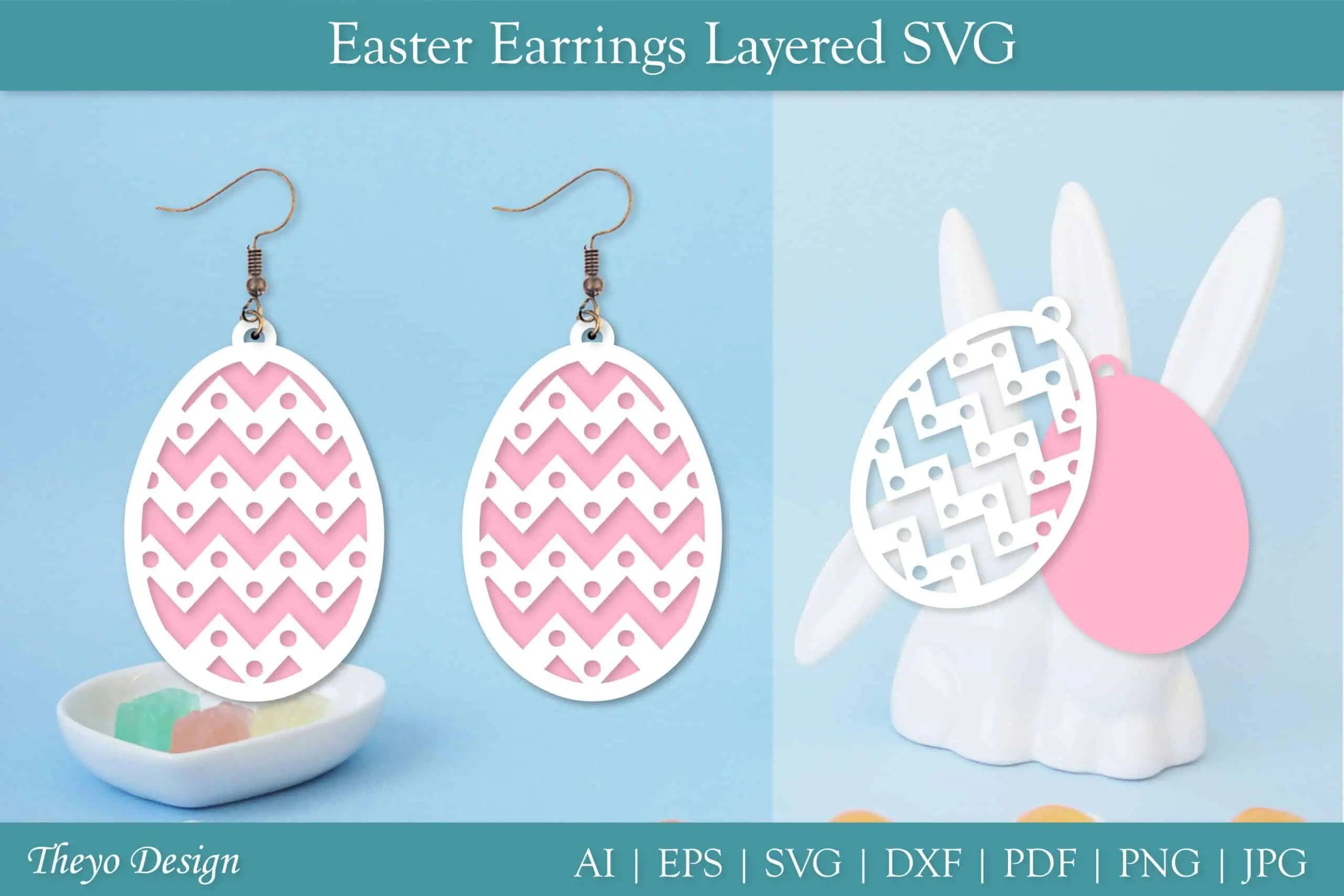 layered Easter egg earrings with a pink zigzag pattern over white