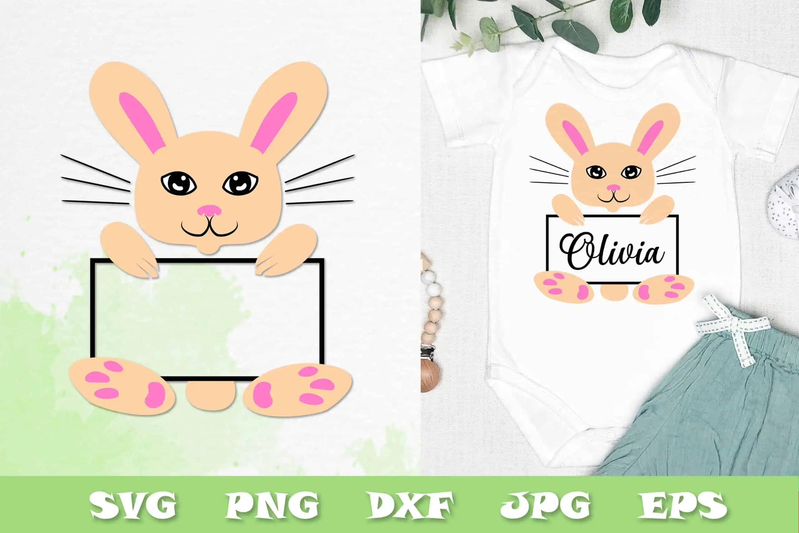 cartoon bunny holding a blank sign, and a white baby onesie with the bunny and the name Olivia