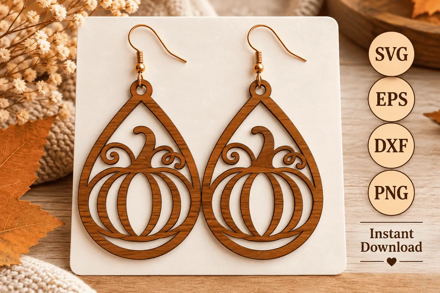wooden teardrop earrings with a pumpkin cut out in the middle