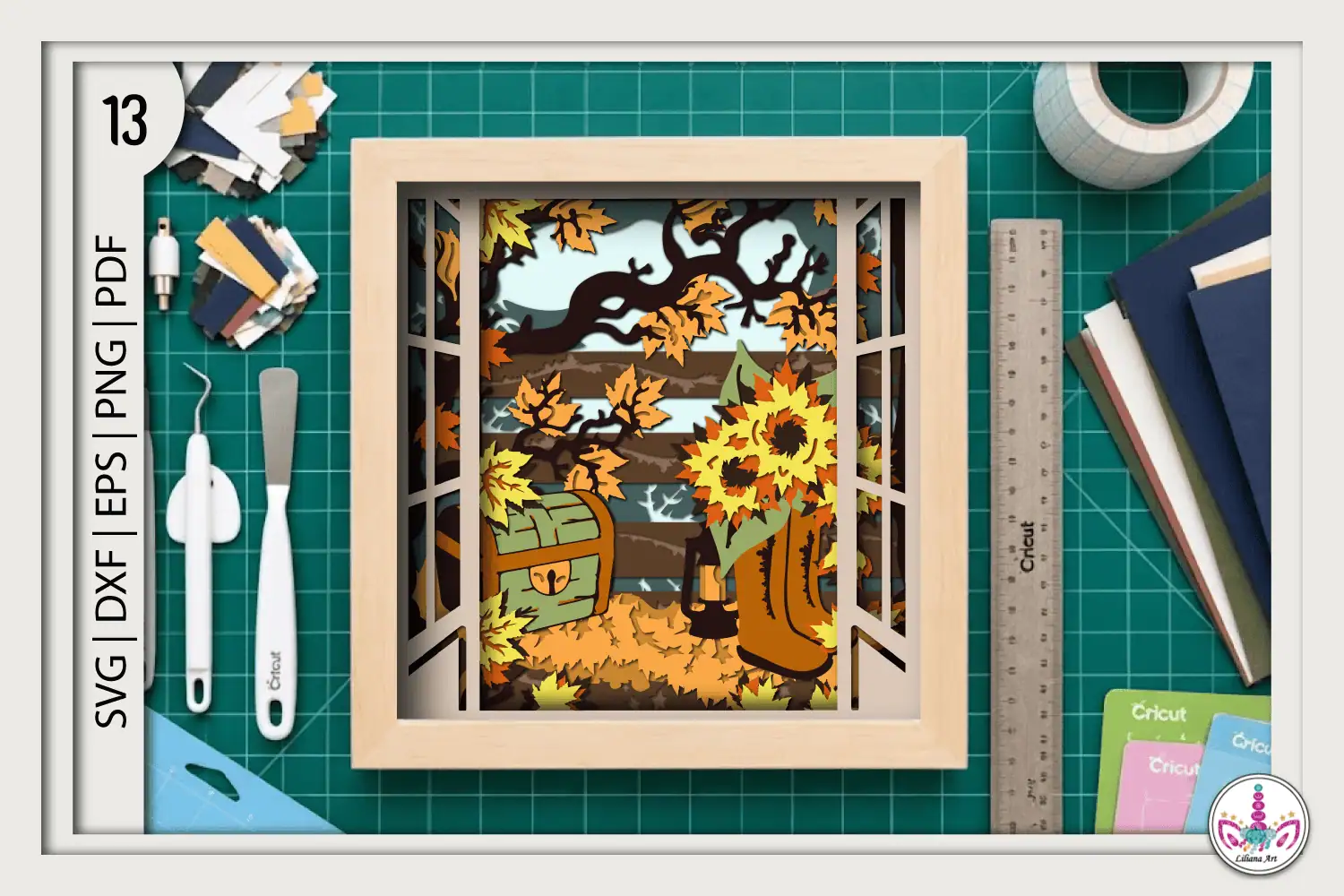 layered fall shadow box of an open window with a boot full of sunflowers, pumpkins and autumn trees
