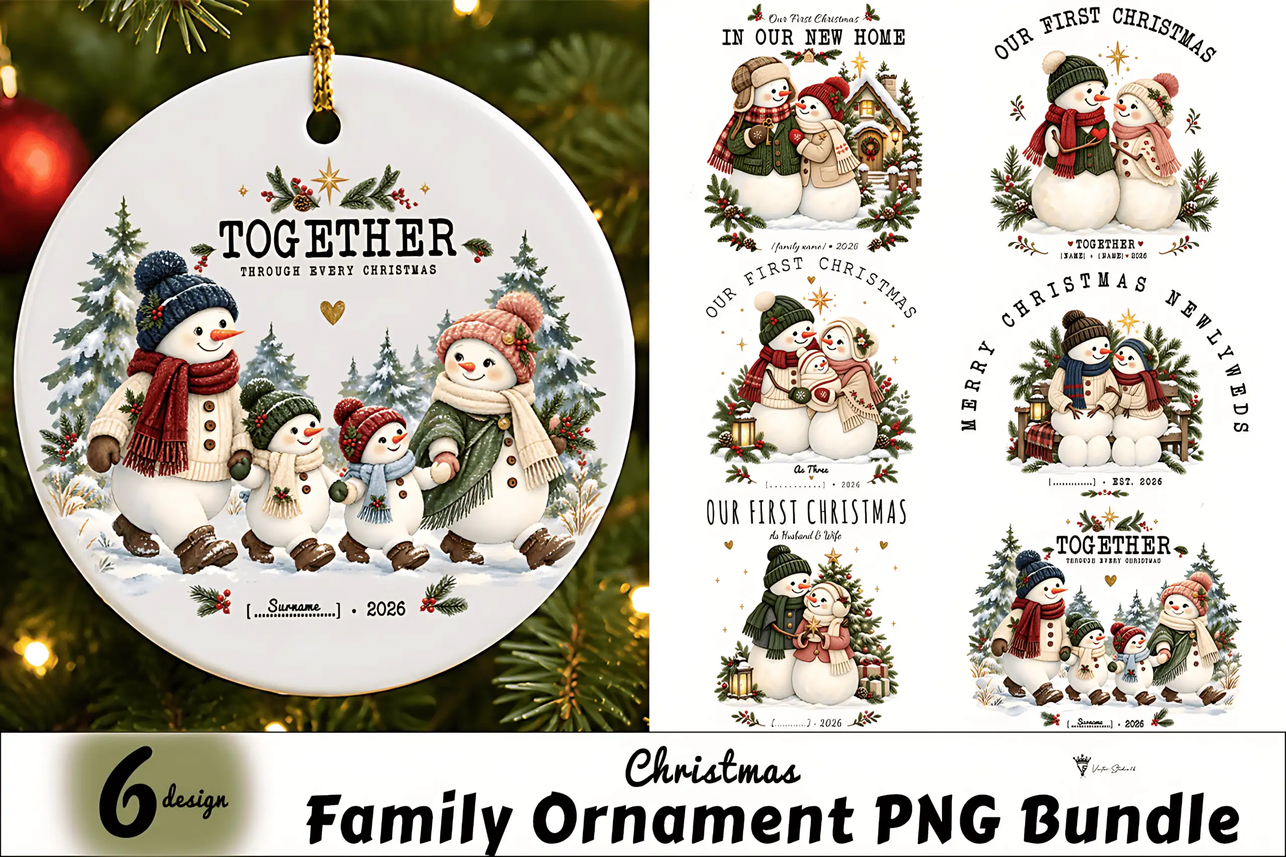 white round ornament with a snowman family in scarves and hats walking through snowy pine trees under the word together