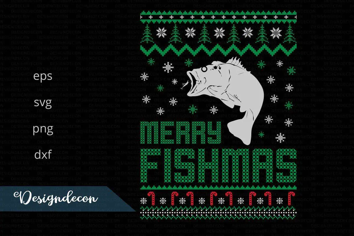 ugly Christmas sweater design with a jumping fish and the words Merry Fishmas