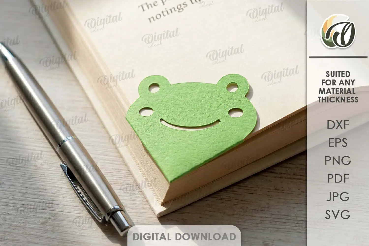 green frog face corner bookmark slipped over the corner of a book page