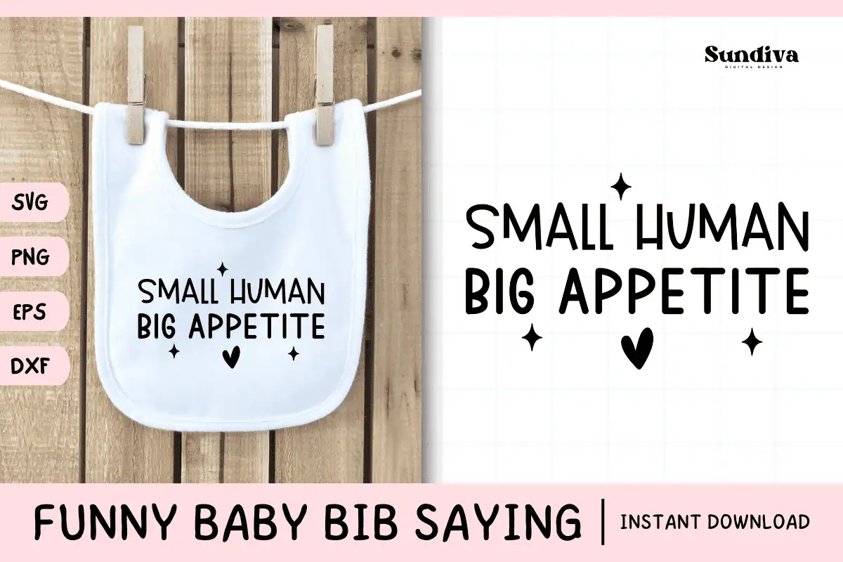 white baby bib that says small human big appetite hanging on a line