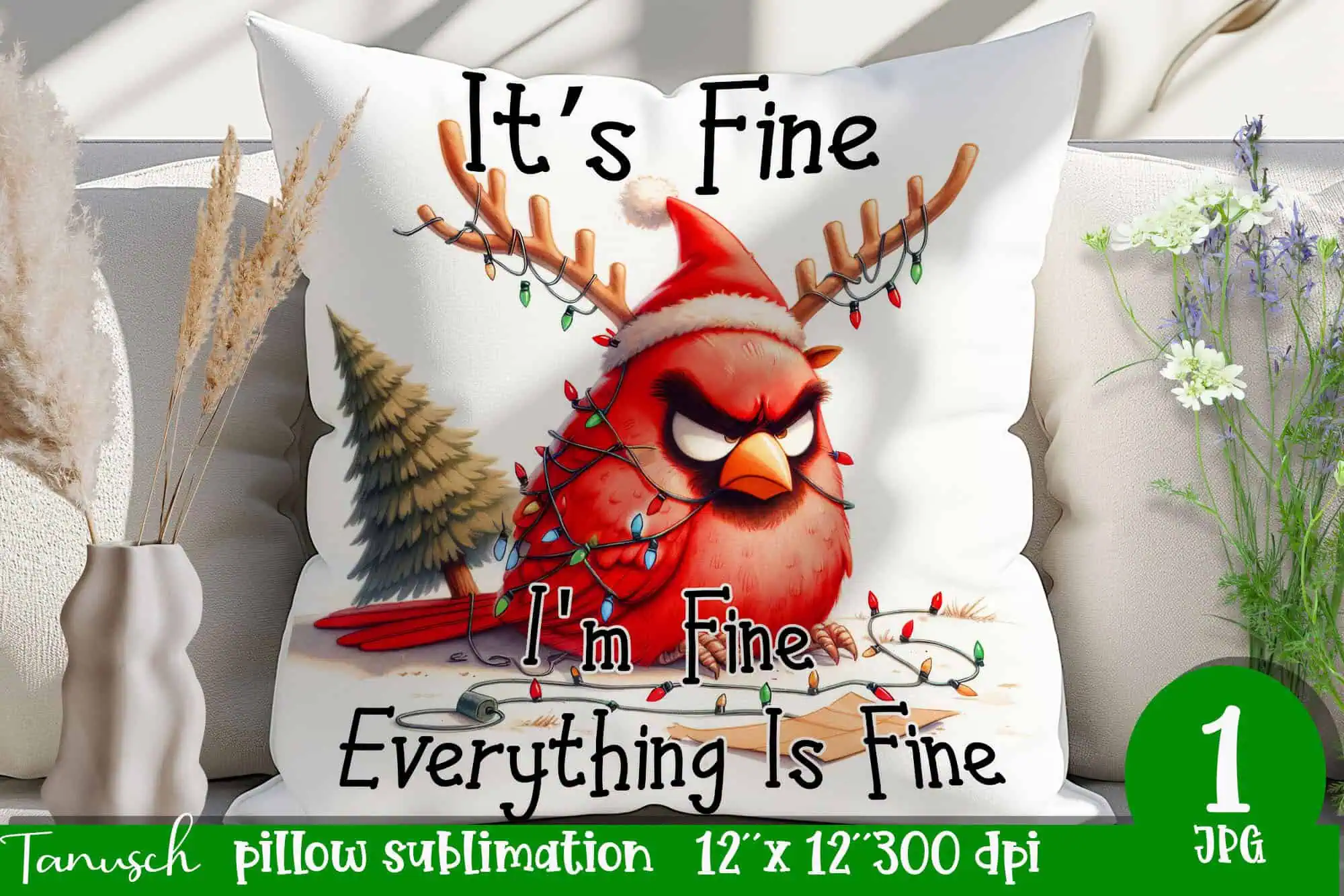 white pillow with a grumpy red cardinal tangled in Christmas lights that says it's fine, I'm fine, everything is fine