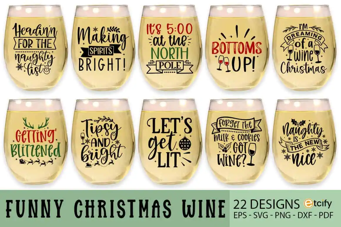 set of stemless wine glasses with funny Christmas sayings like Let's Get Lit