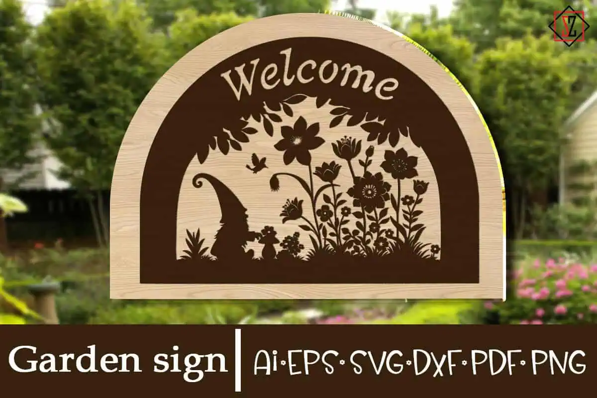 arched wood garden sign that says welcome with a gnome and wildflowers