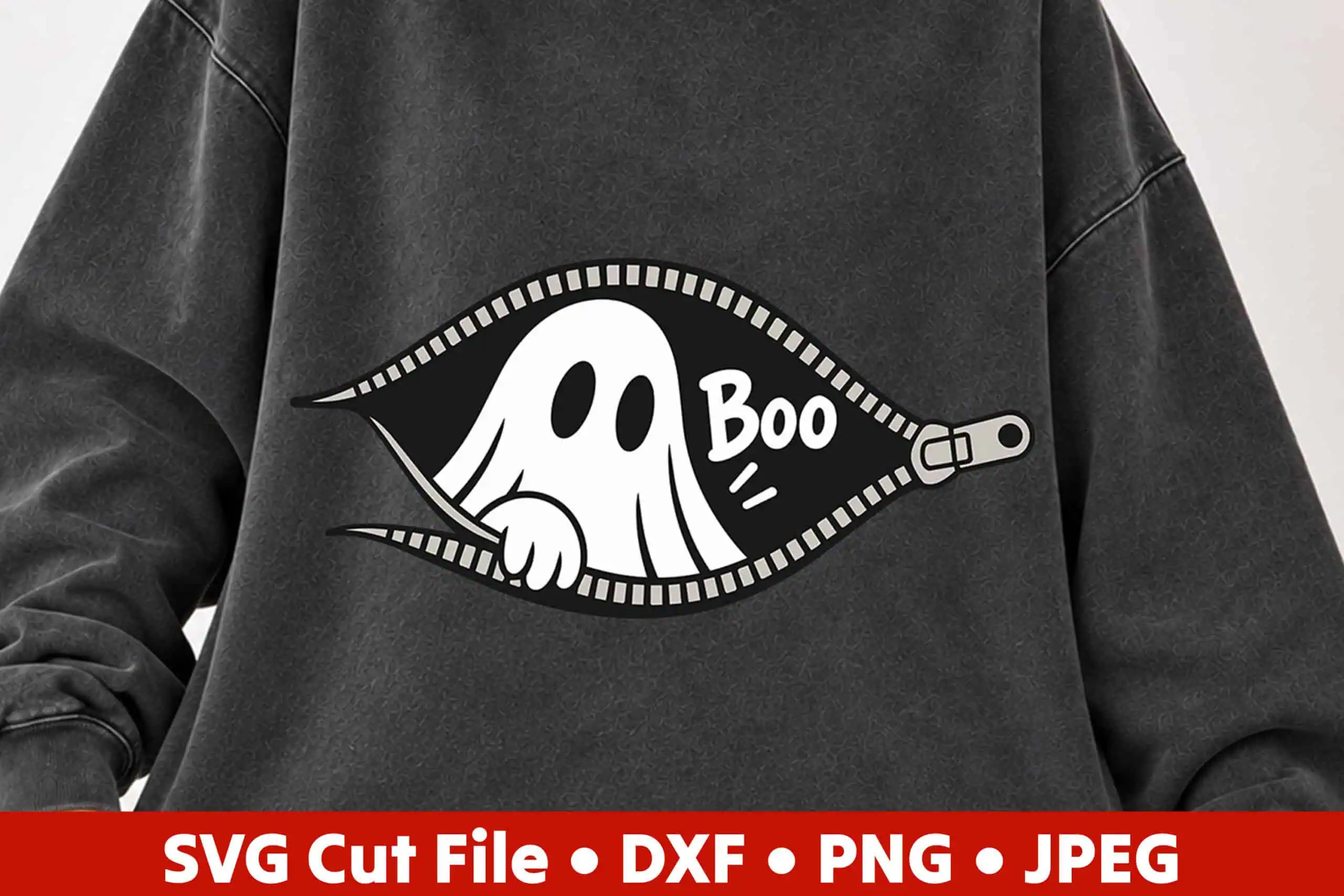 charcoal sweatshirt with a ghost saying boo peeking out of an unzipped pocket