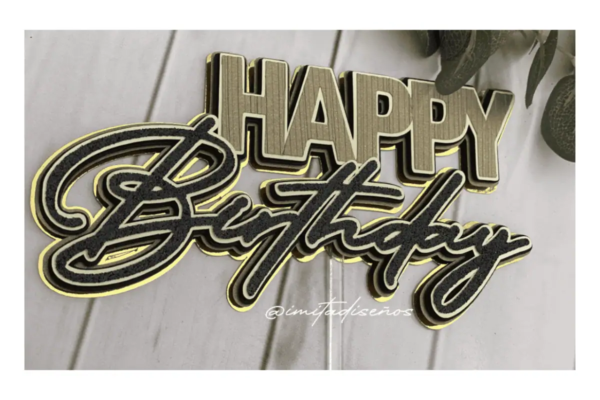 layered gold and black Happy Birthday script cake topper