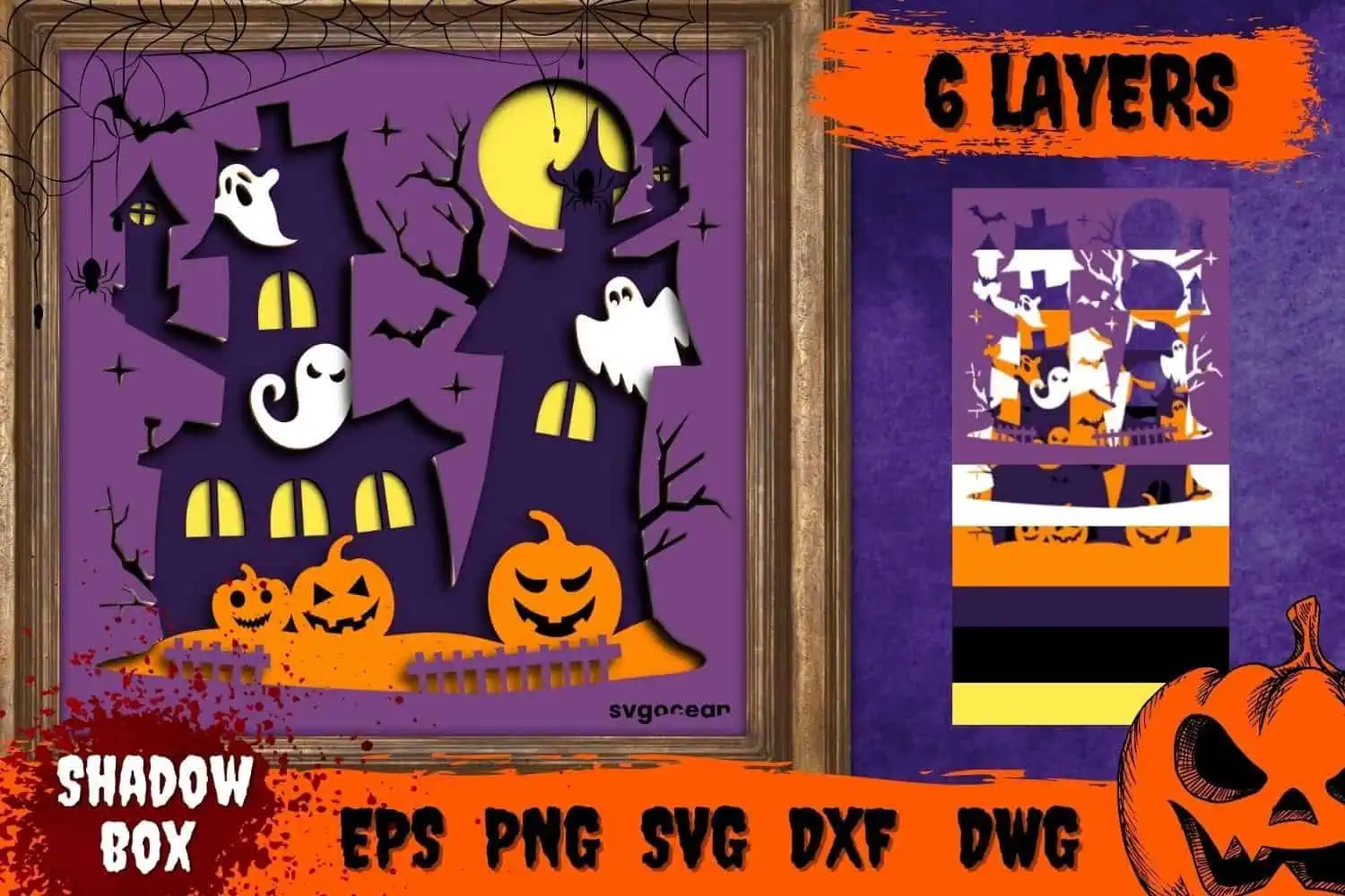 purple layered Halloween shadow box with a haunted house, ghosts, a moon and jack-o-lanterns