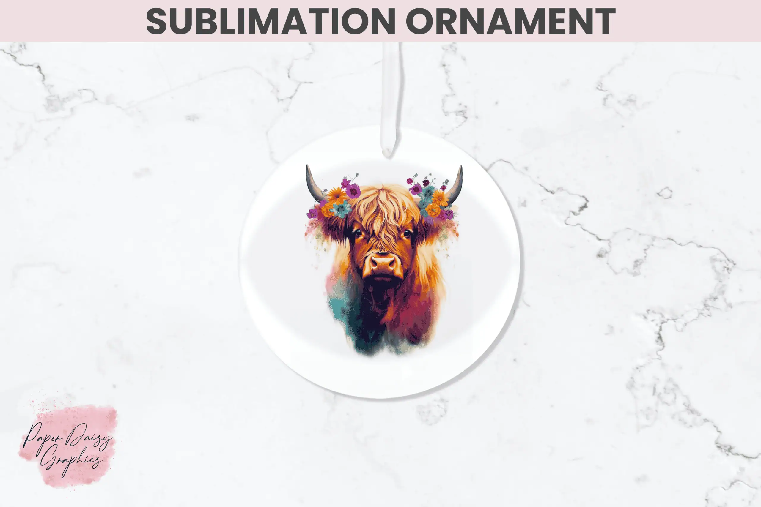 white round ornament with a fluffy highland cow in rainbow watercolor colors with flowers on its head