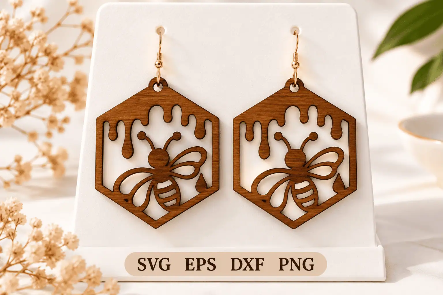 hexagon wooden earrings with a bee and dripping honey