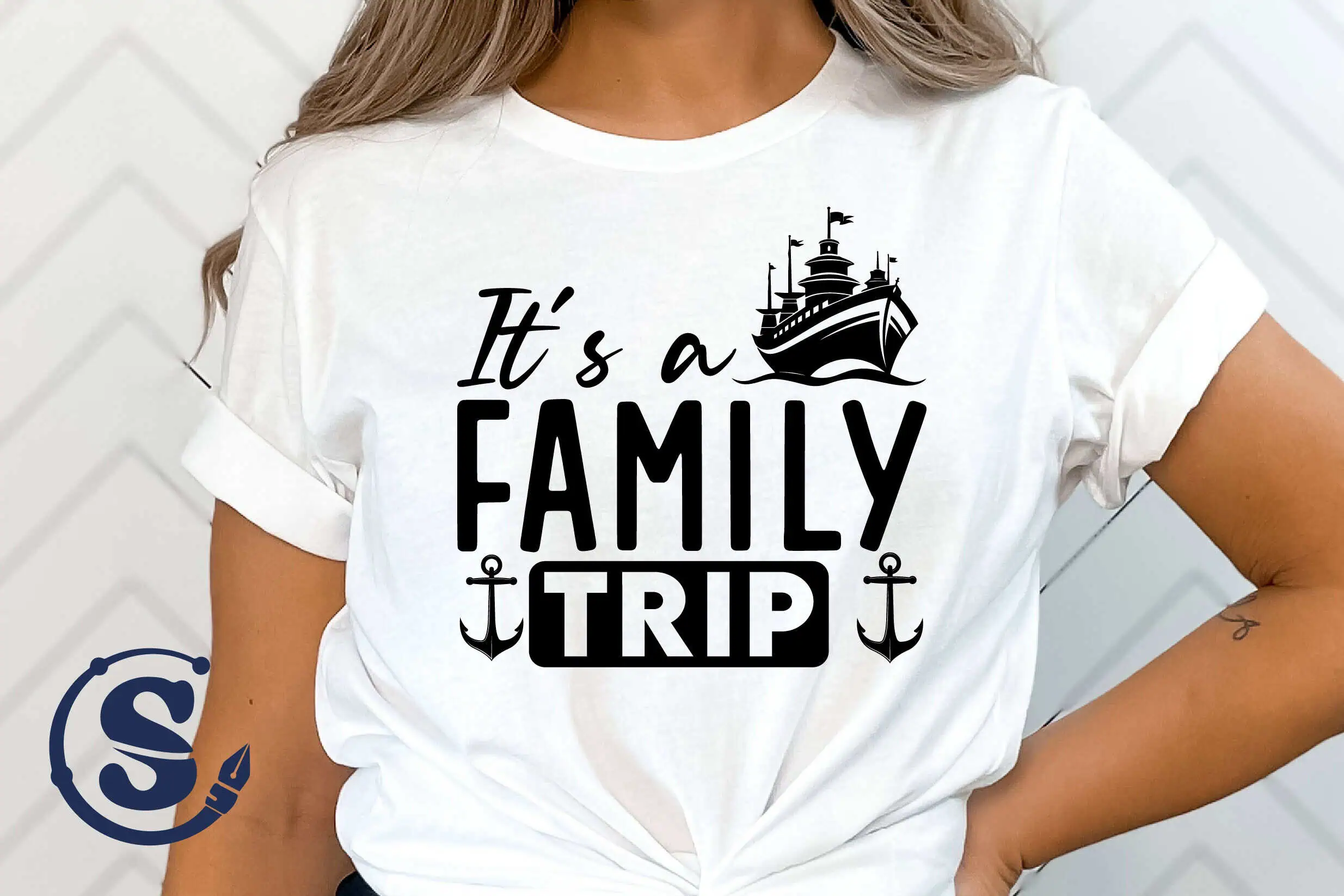 white t-shirt that says it's a family trip with a cruise ship and anchors