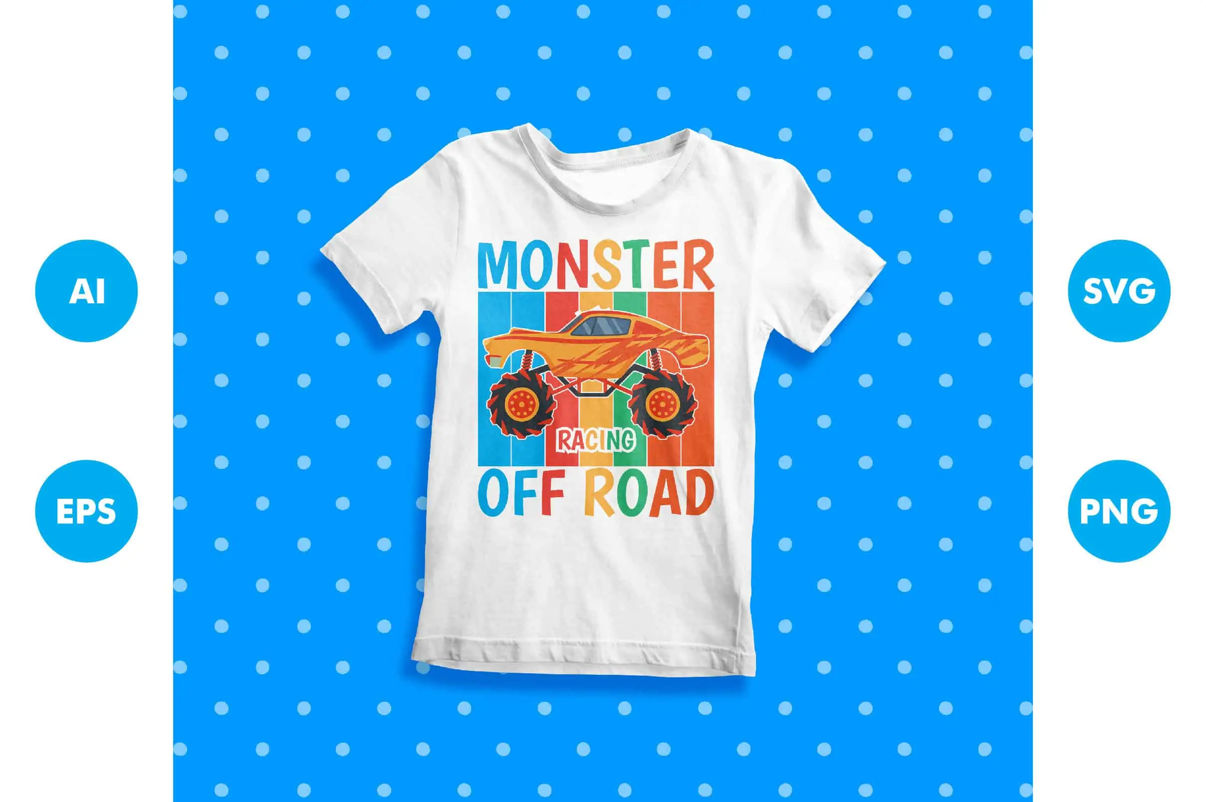 white kids t-shirt with a colorful monster truck and monster off road lettering