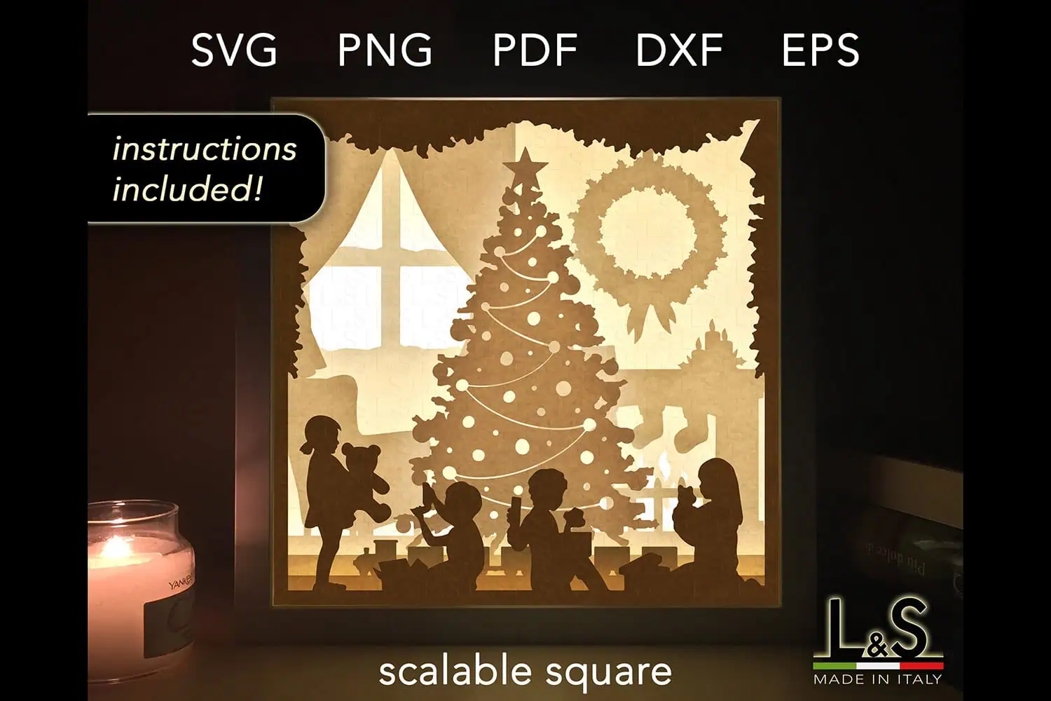 glowing layered Christmas shadow box with silhouettes of children by a Christmas tree and a window