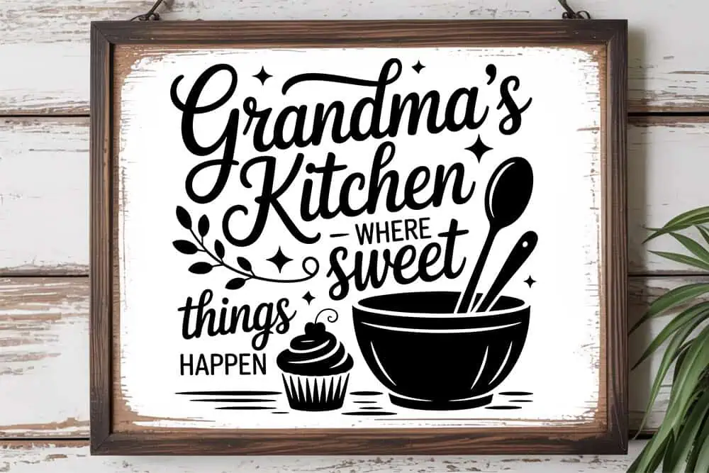framed sign that says Grandma's kitchen where sweet things happen with a mixing bowl and a cupcake