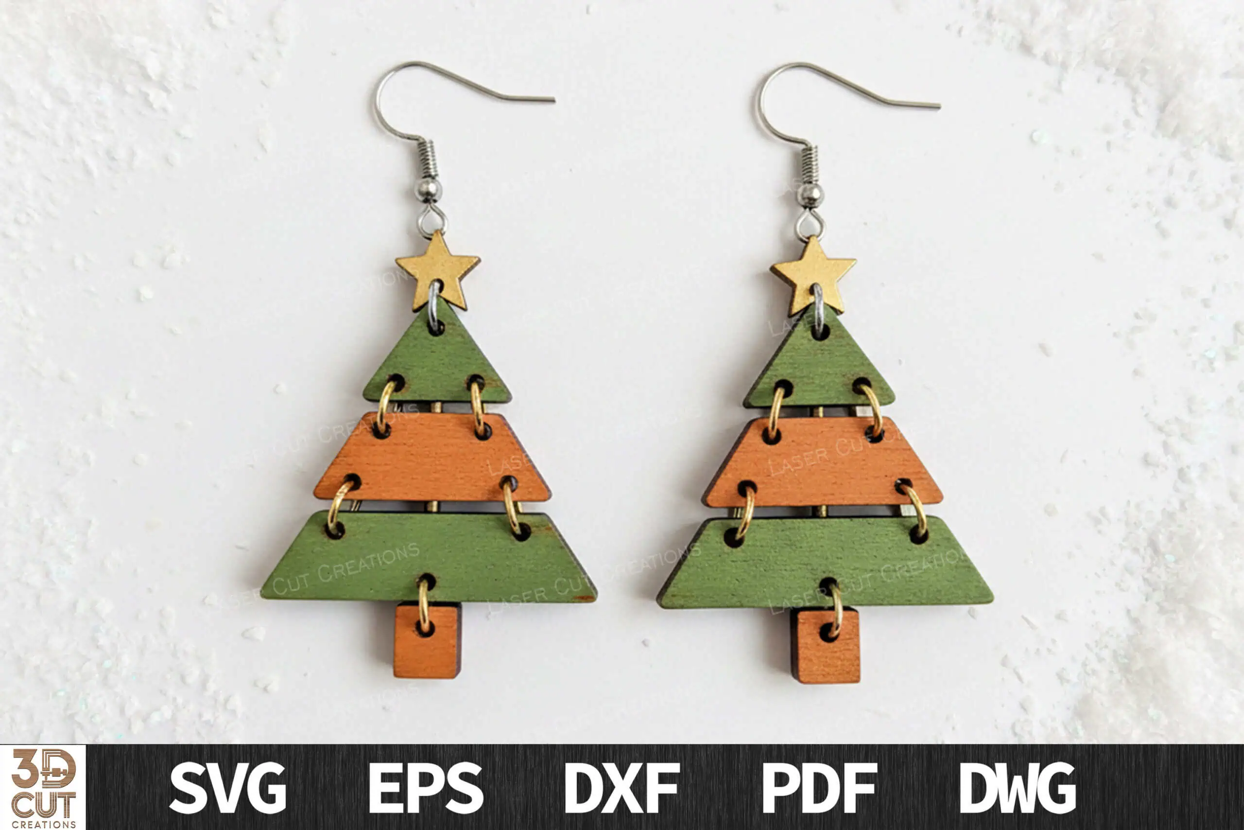 layered Christmas tree earrings in green with tan stripes and a gold star