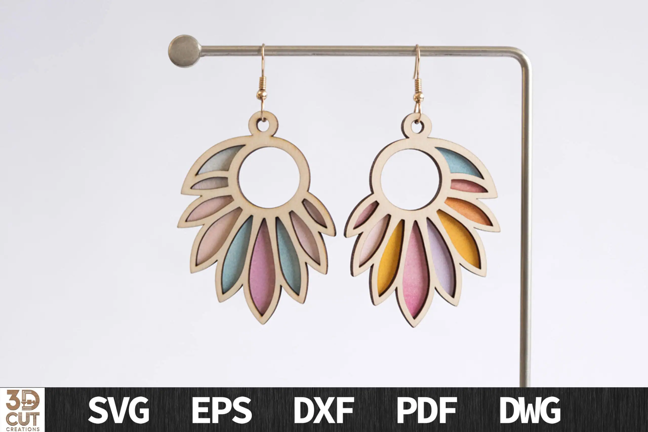 open hoop earrings with layered petals in pink, peach, blue and cream