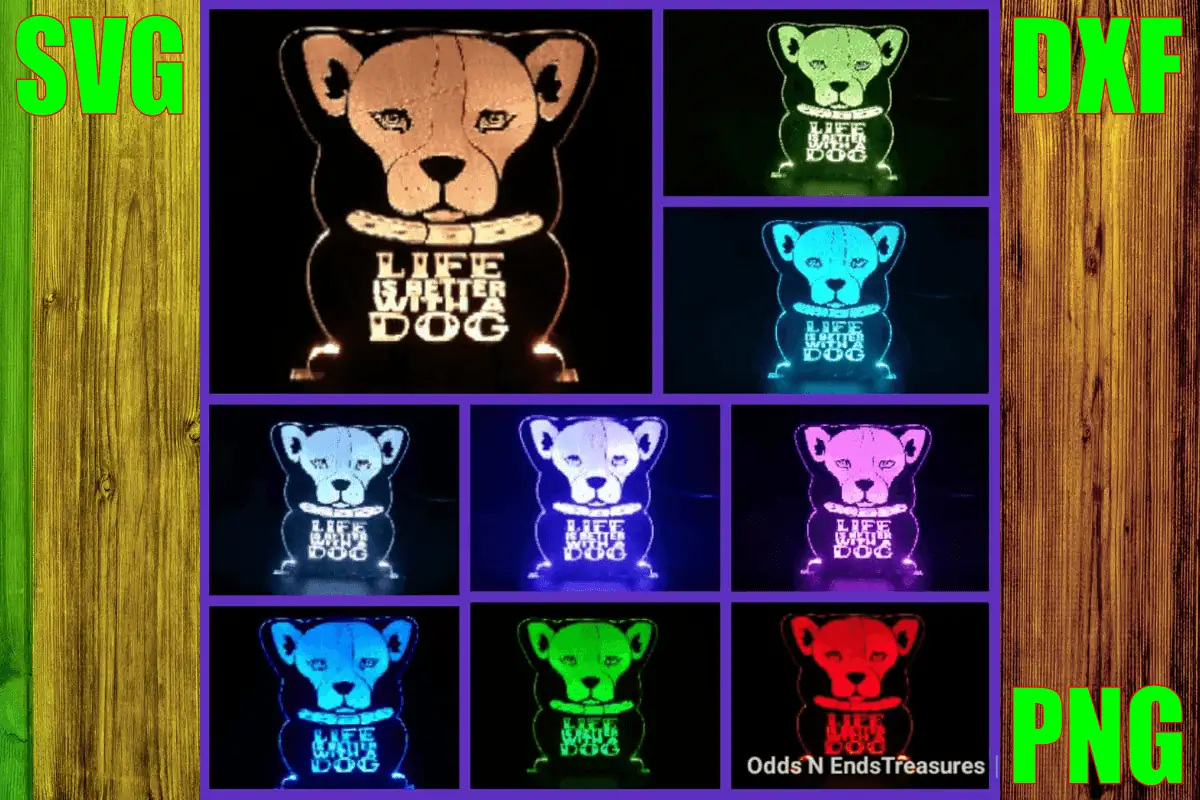 engraved acrylic lamp of a puppy with life is better with a dog, shown glowing in many colors