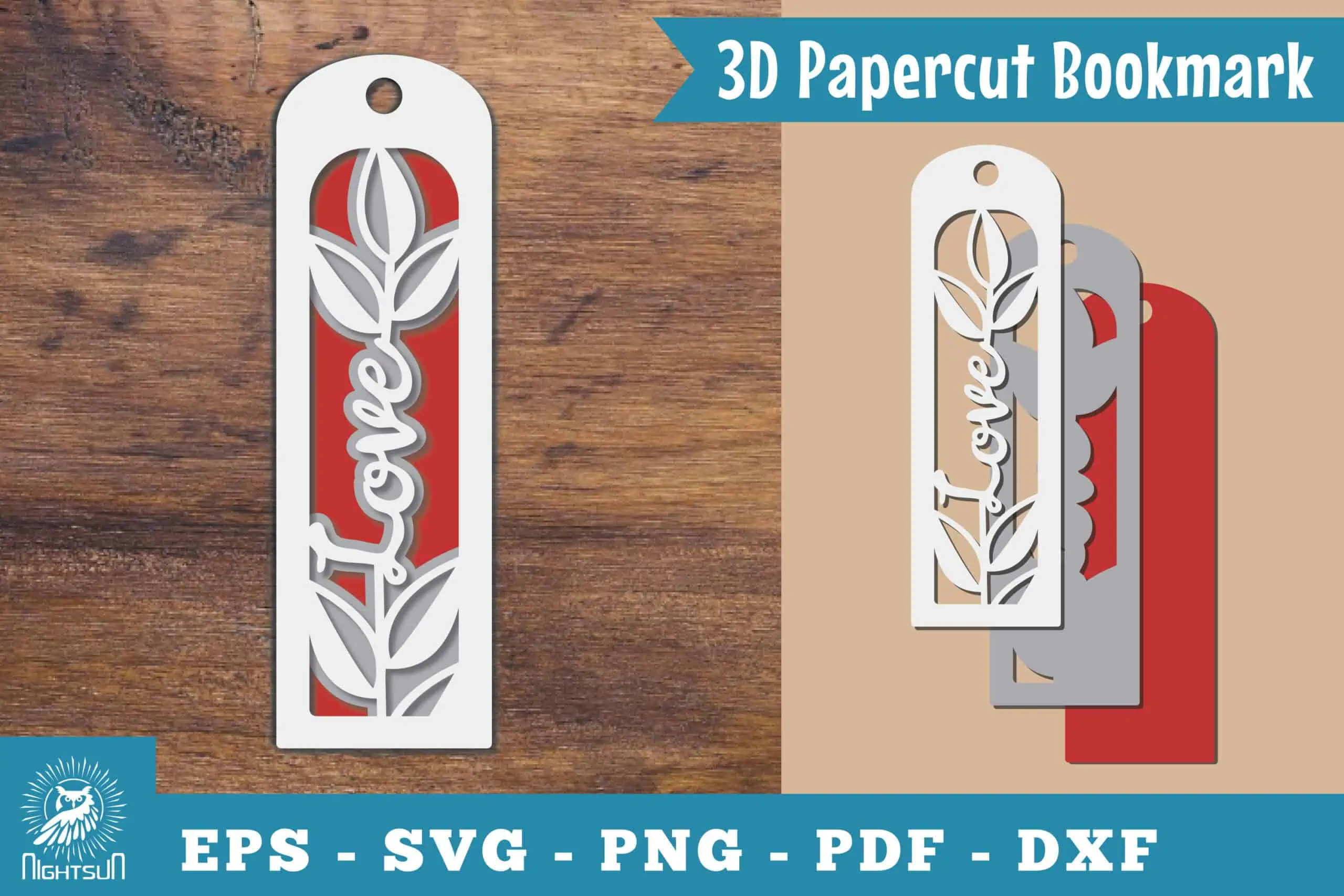 white, gray and red layered papercut bookmark with the word love and leaves