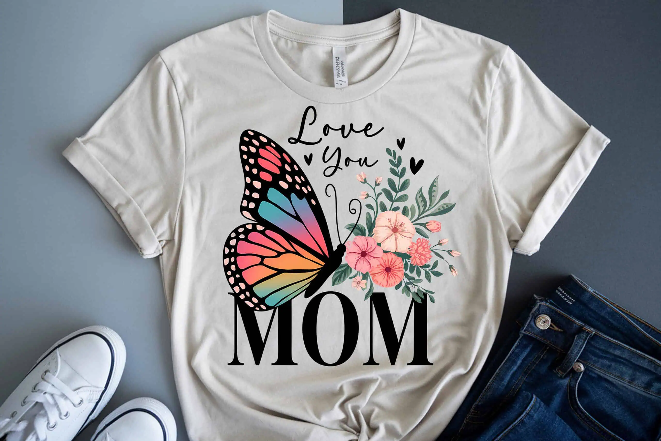 grey t-shirt that says love you mom with a colorful butterfly and pink flowers