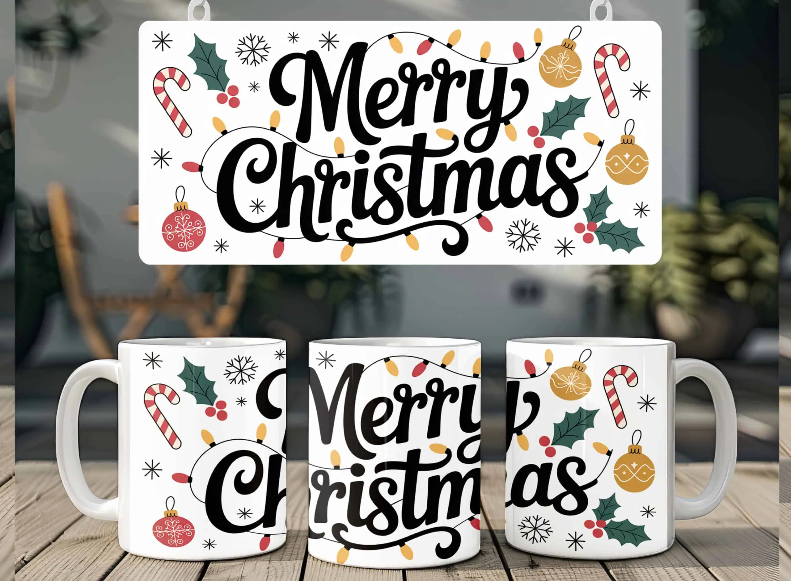 white mugs that say Merry Christmas in black script with candy canes, ornaments, holly and string lights