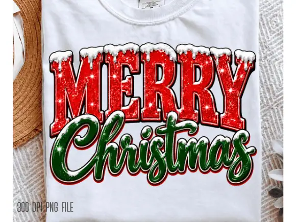 white t-shirt that says Merry Christmas in red glitter letters with snow on top and a green script word