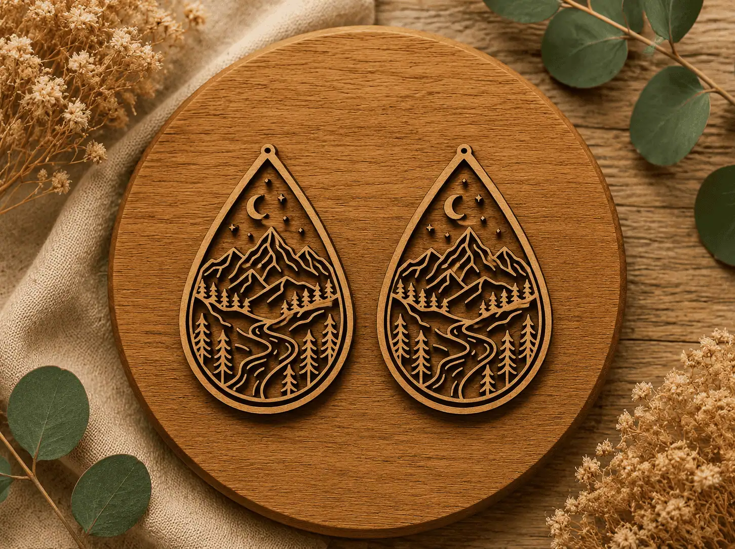 teardrop earrings with mountains, pine trees and a winding river